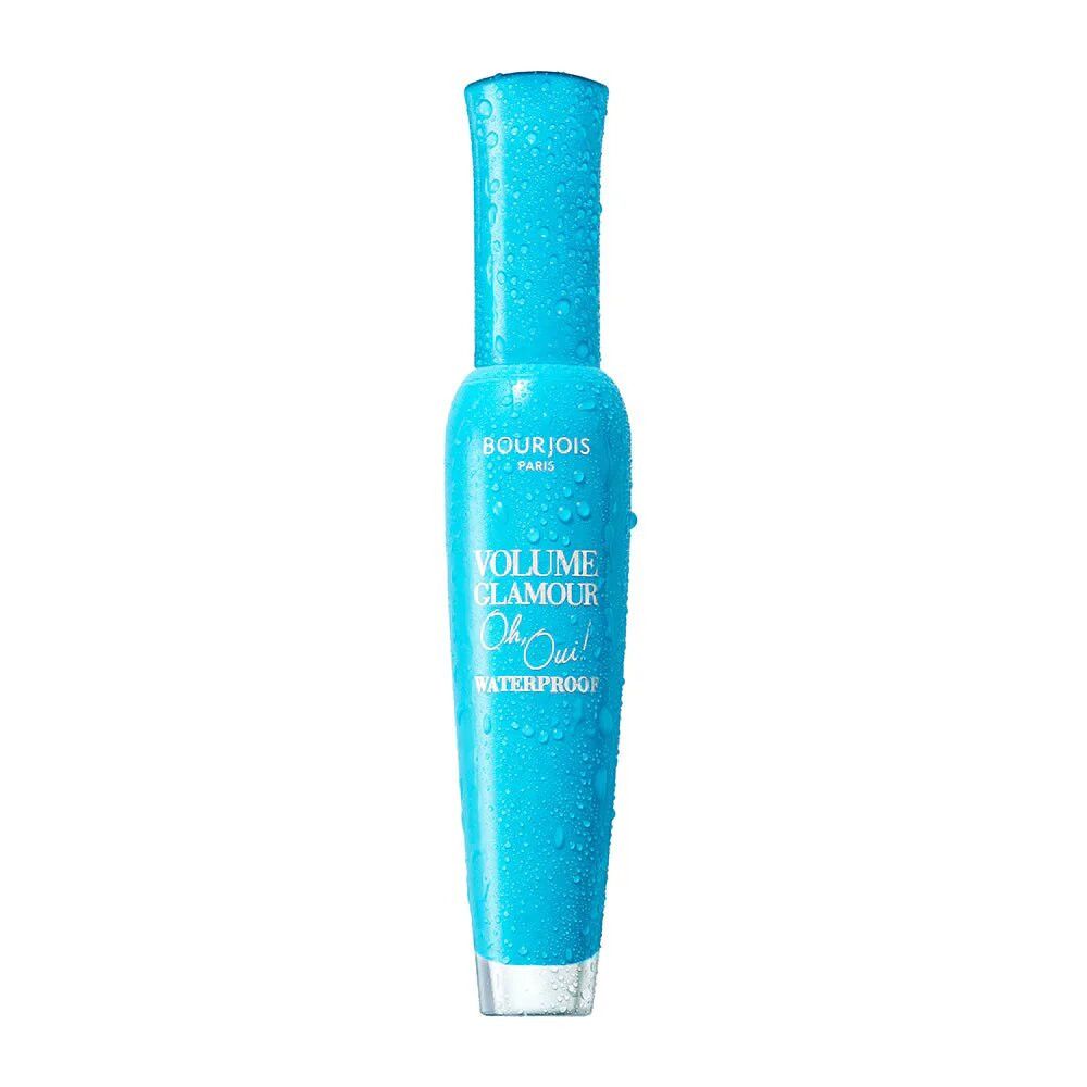 Bourjois Volume Glamour Mascara, blau, mit Wassertropfen.