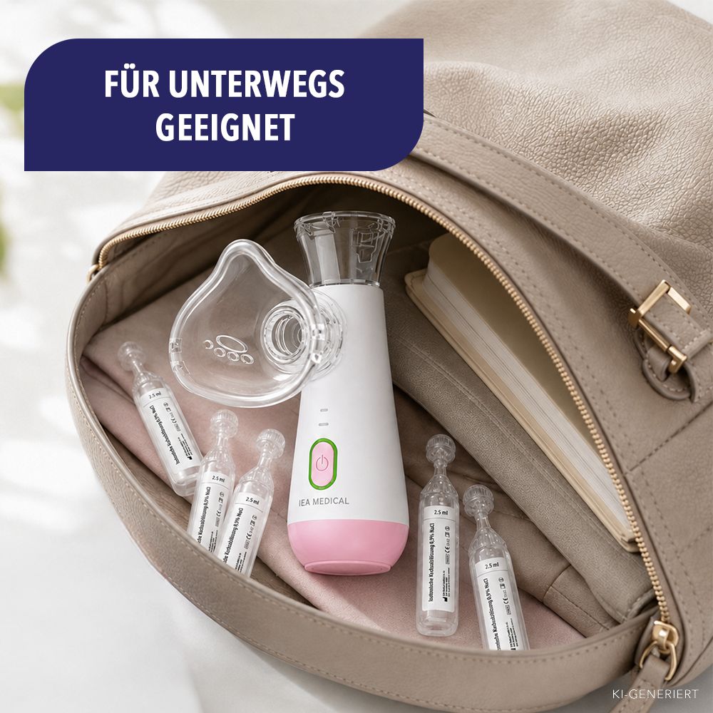 IEA Medical Inhalator und Ampullen in einer Tasche. Für unterwegs geeignet.