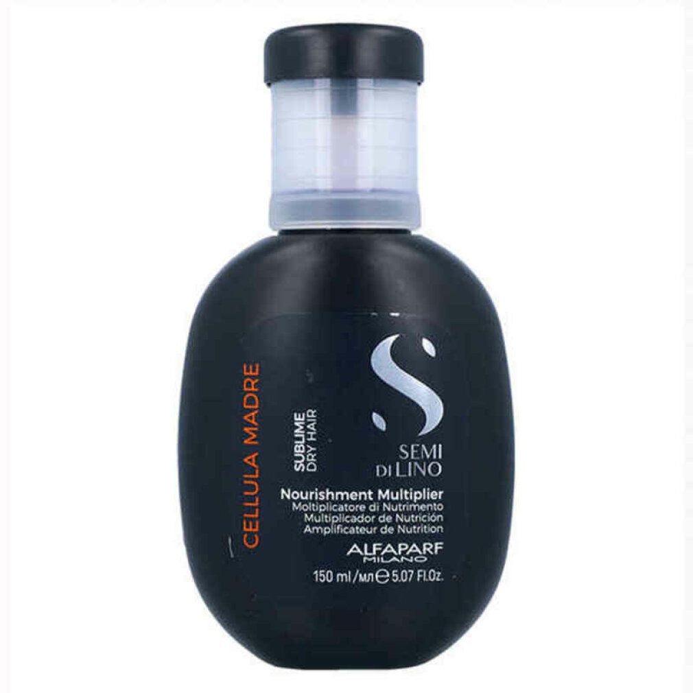 Schwarze Flasche mit Flüssigkeit. Aufschrift: Semi Di Lino, Nourishment Multiplier, Alfaparf Milano. 150 ml.