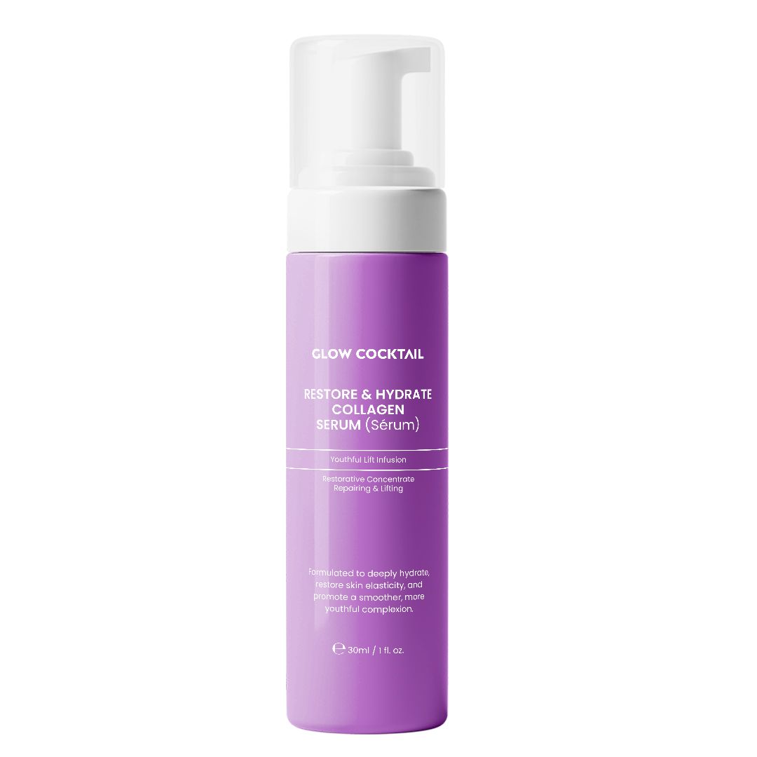 Lila Pumpspender mit weißem Deckel. Enthält Glow Cocktail Kollagen-Serum zur Wiederherstellung und Feuchtigkeitsversorgung.