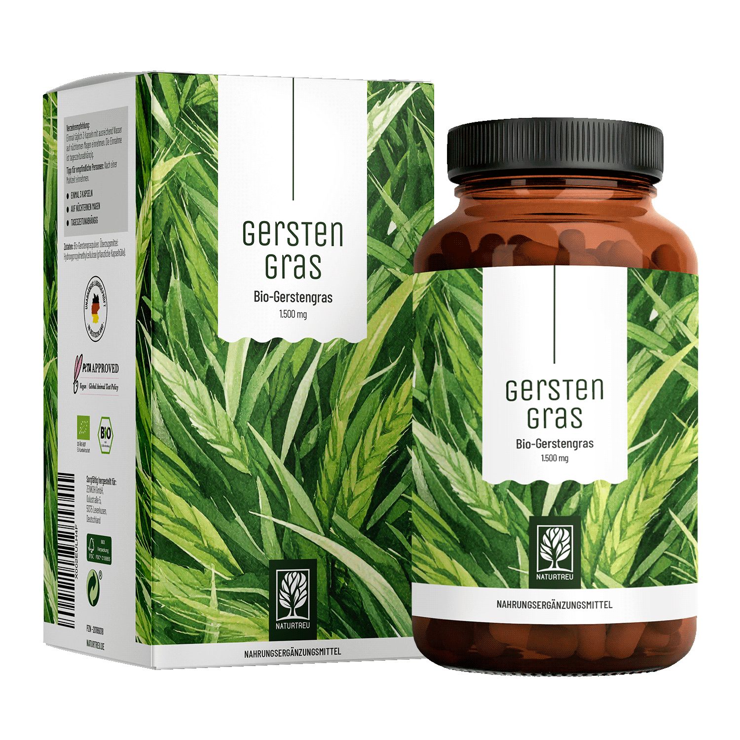 Braune Glasflasche und Karton mit GERSTENGRAS - NATURTREU®. Aufschrift: Bio-Gerstengras 1500mg. Grün-weißes Design.