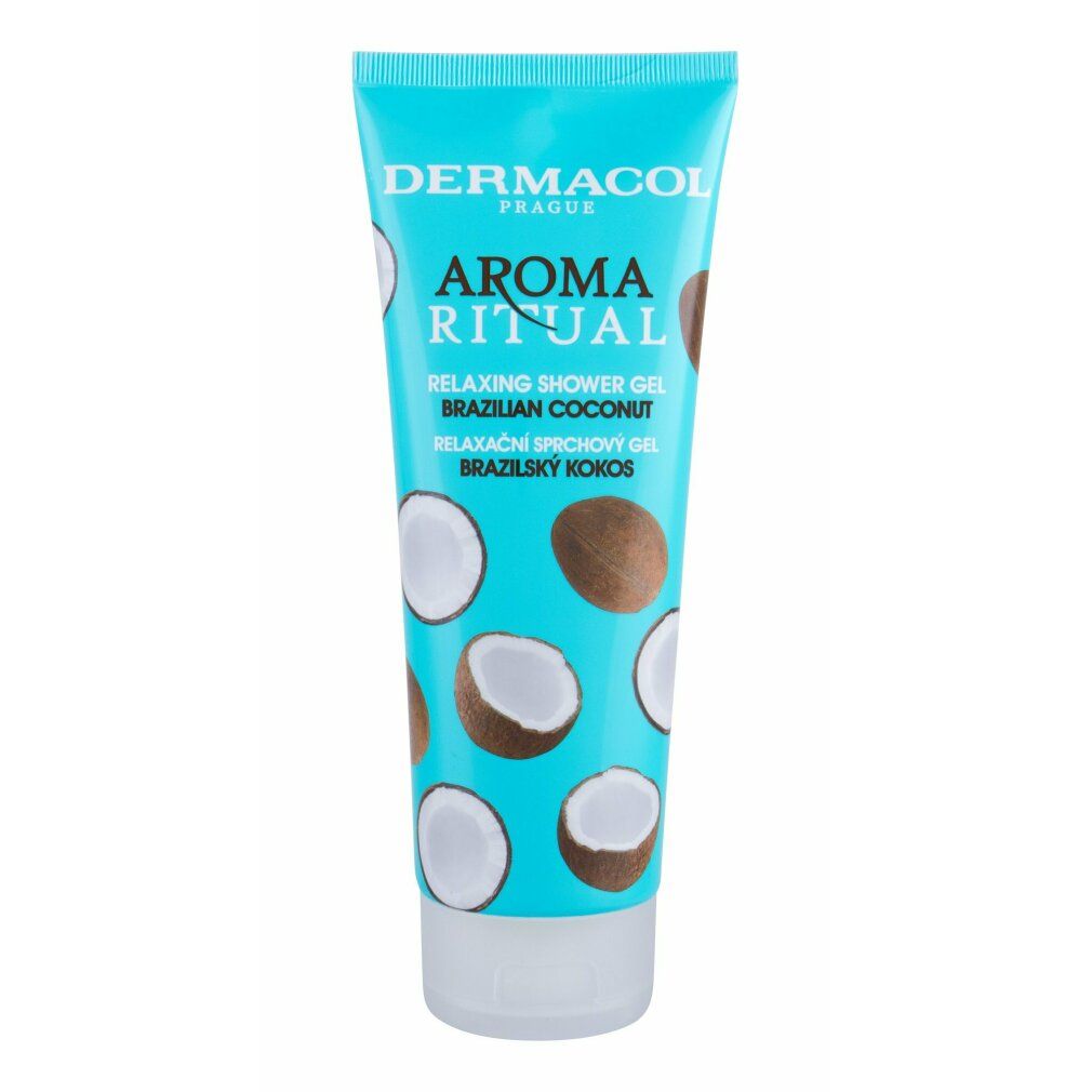 Türkisfarbene Tube mit Kokosnuss-Motiven. Aufschrift: Dermacol Aroma Ritual Relaxing Shower Gel Brazilian Coconut.