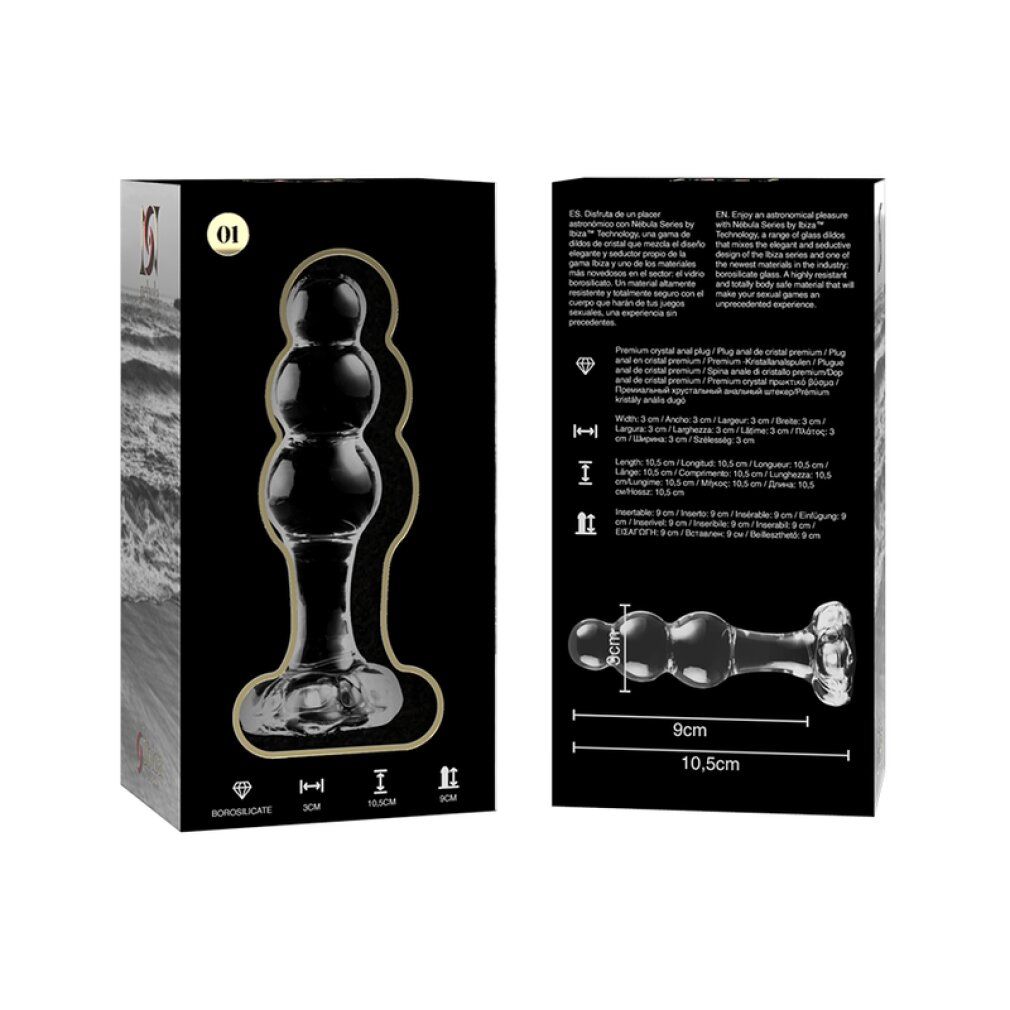 Verpackung mit Ansichten eines klaren Glasanalplugs. Maße sichtbar.