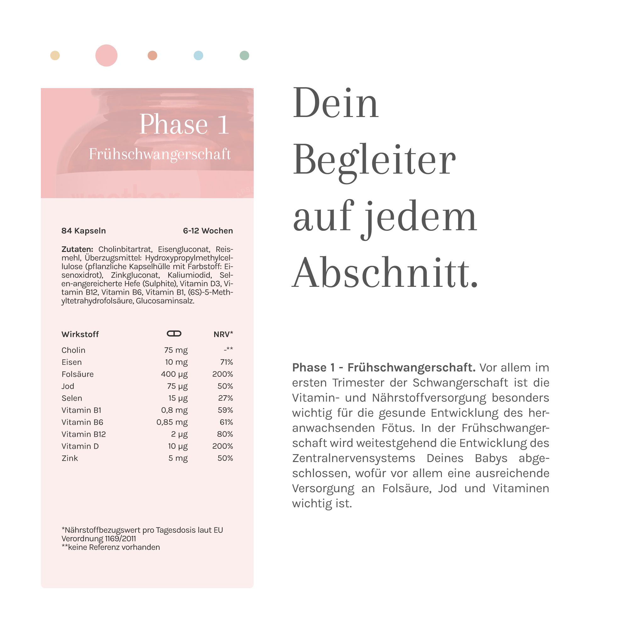 Infografik mit Nährwertangaben und Inhaltsstoffen für Phase 1 der Frühschwangerschaft.