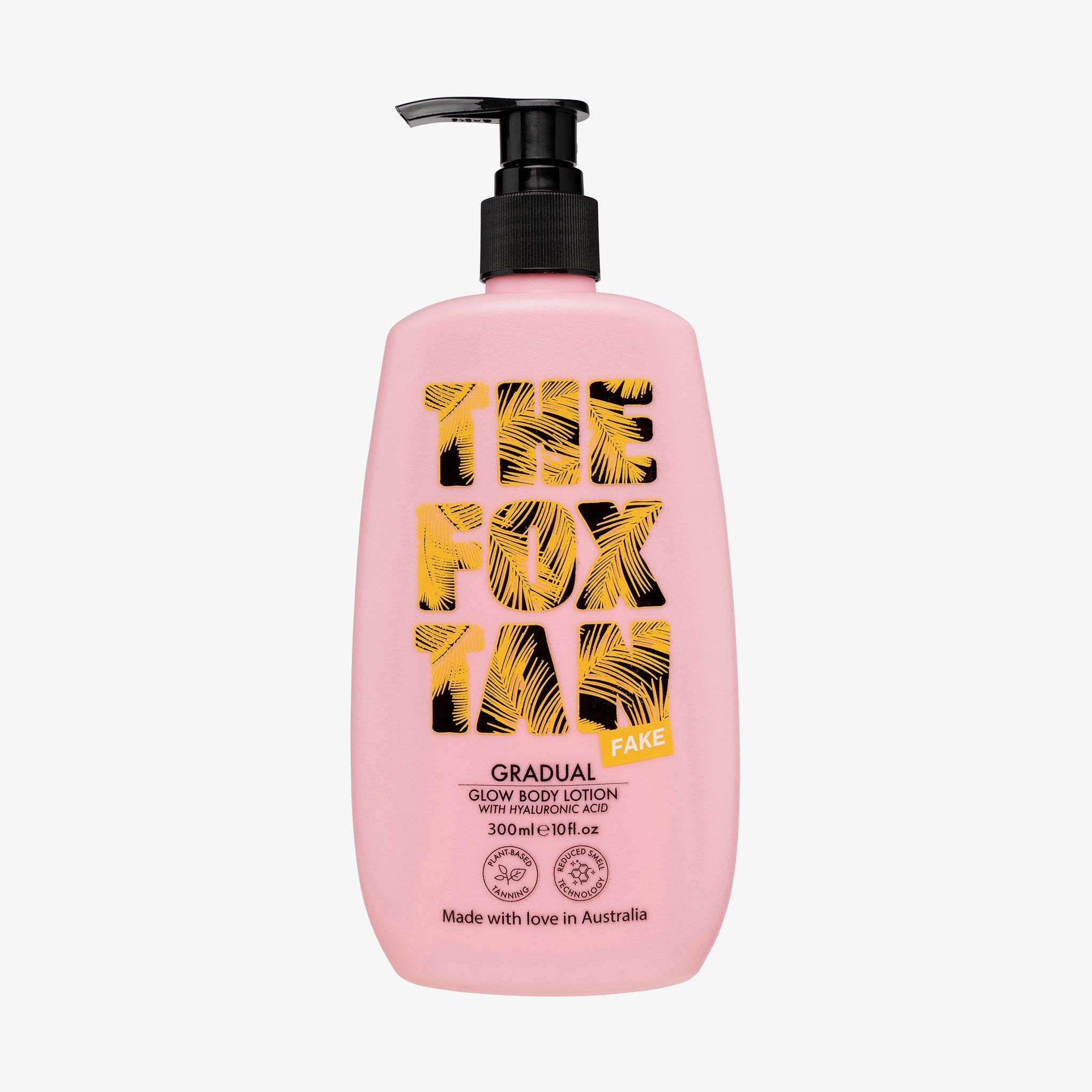 Rosa Flasche mit schwarzem Pumpverschluss. Aufschrift: THE FOX TAN. Text: GRADUAL GLOW BODY LOTION. Vegan-Siegel.