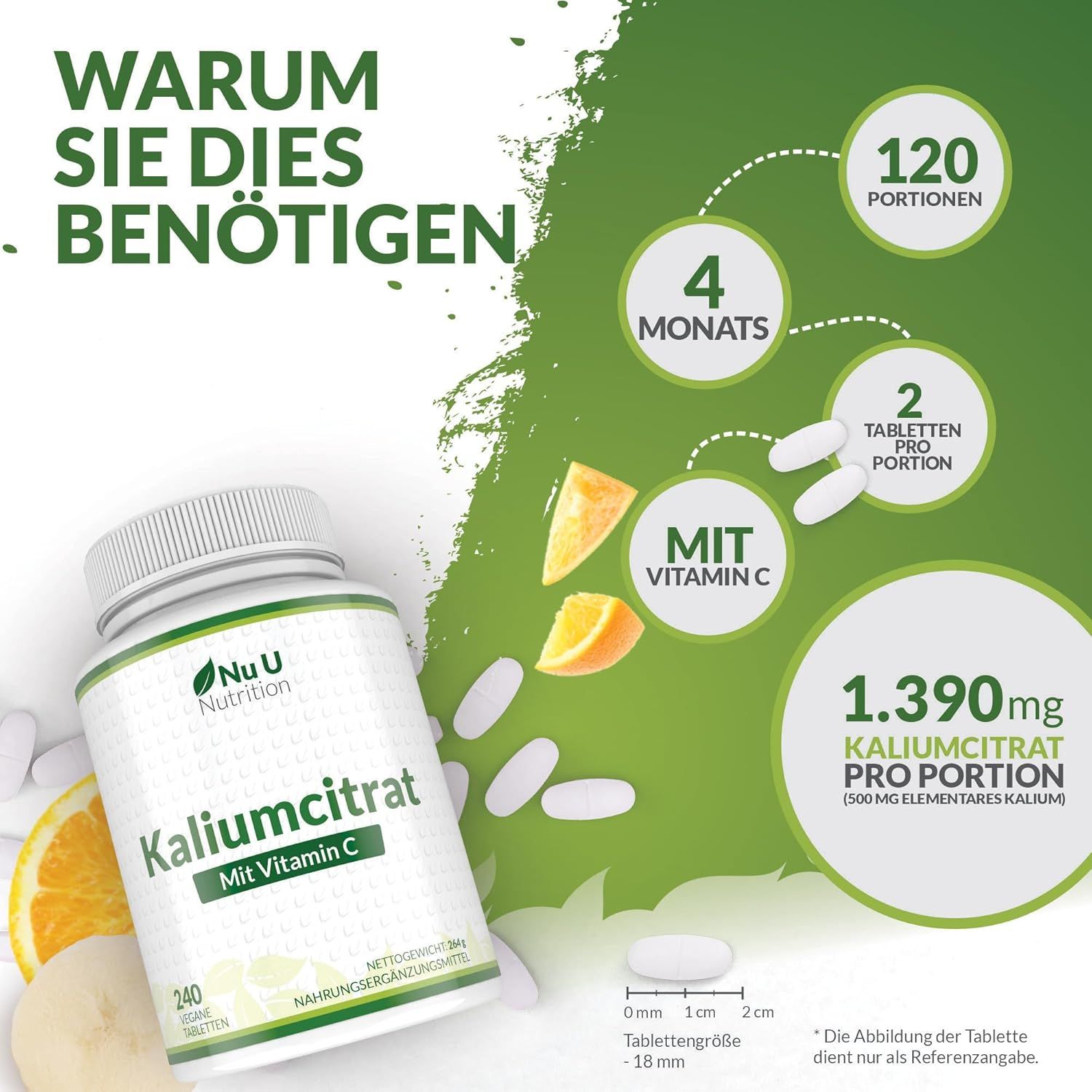 Flasche "Kaliumcitrat Mit Vitamin C" mit 240 Tabletten. Tabletten und Obst. Text: 1.390mg Kaliumcitrat pro Portion.