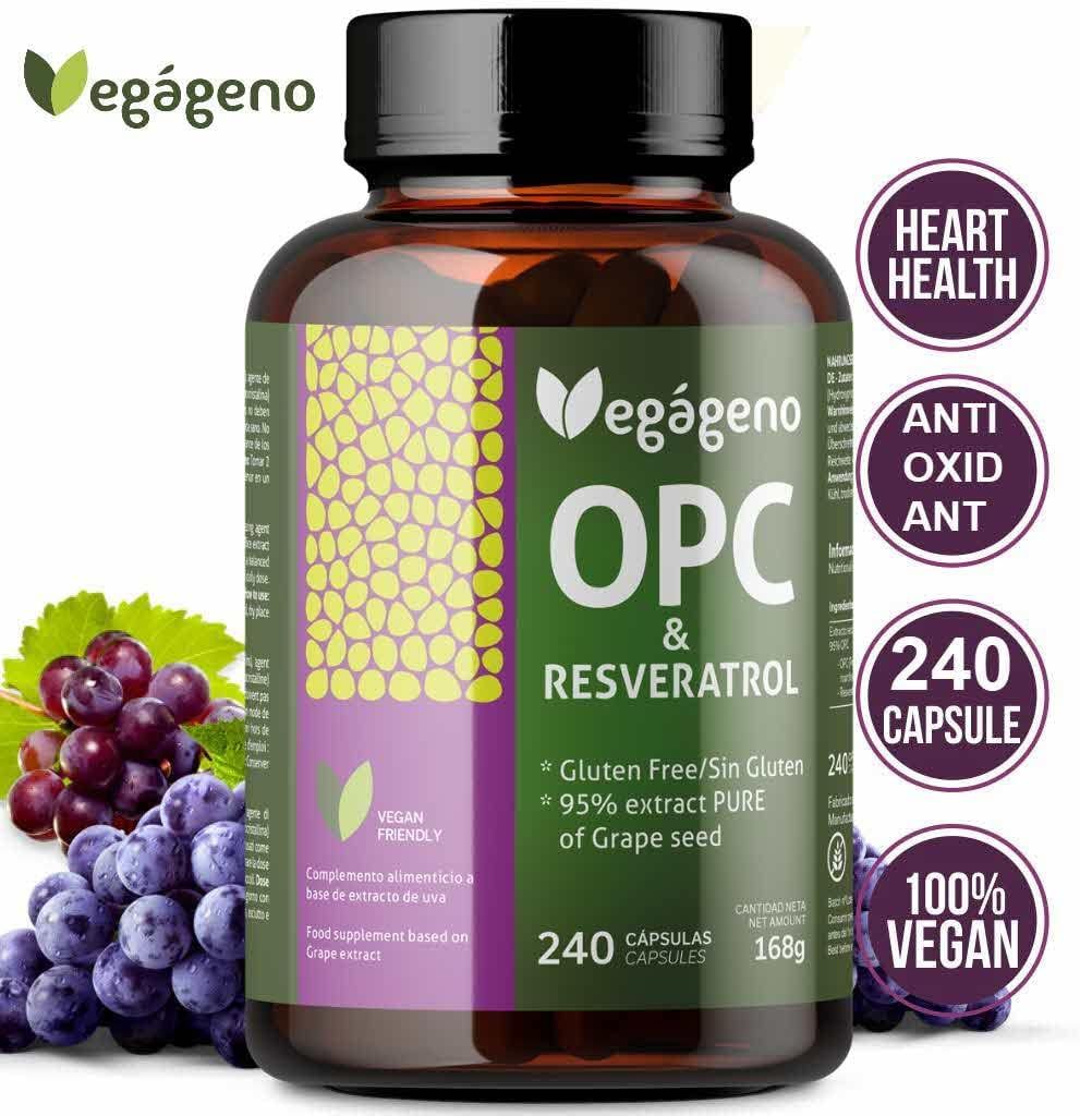 Braune Flasche VEGÁGENO OPC & RESVERATROL Kapseln. 240 Kapseln. Text: Glutenfrei, 95% Traubenkernextrakt. Vegan-Siegel. Trauben und Blätter.
