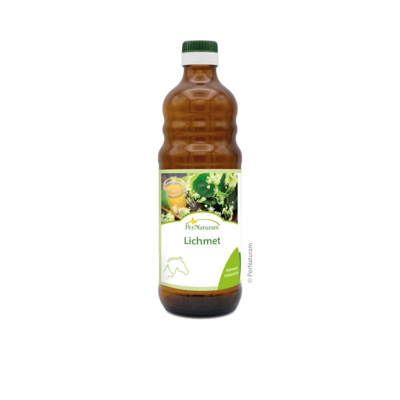 Braune Glasflasche mit grünem Deckel. Etikett mit Produktname "Lichmet", Logo und Abbildung. Marke PerNaturam.