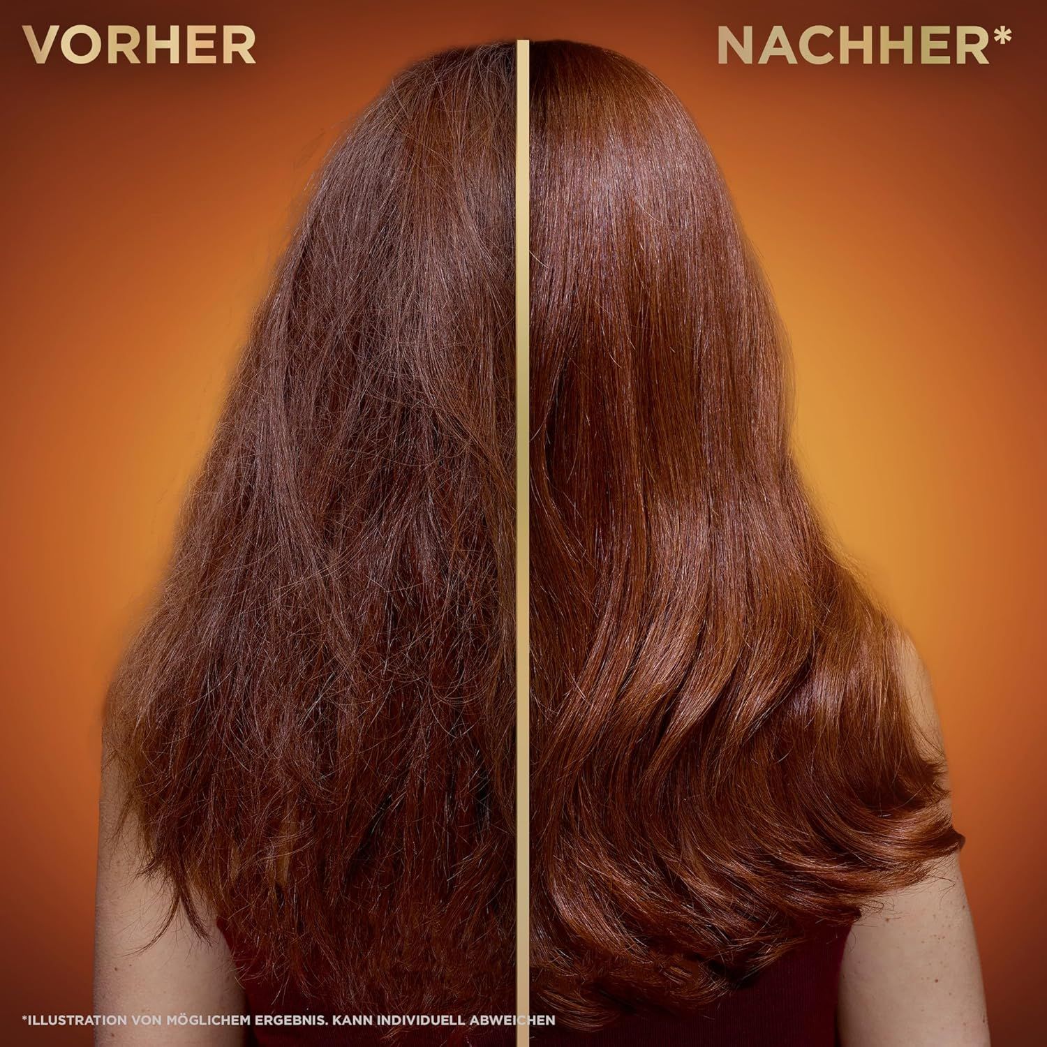 Haaransicht vor und nach der Anwendung. Vorher: struppiges Haar. Nachher: glattes, glänzendes Haar. Text: Nachher.