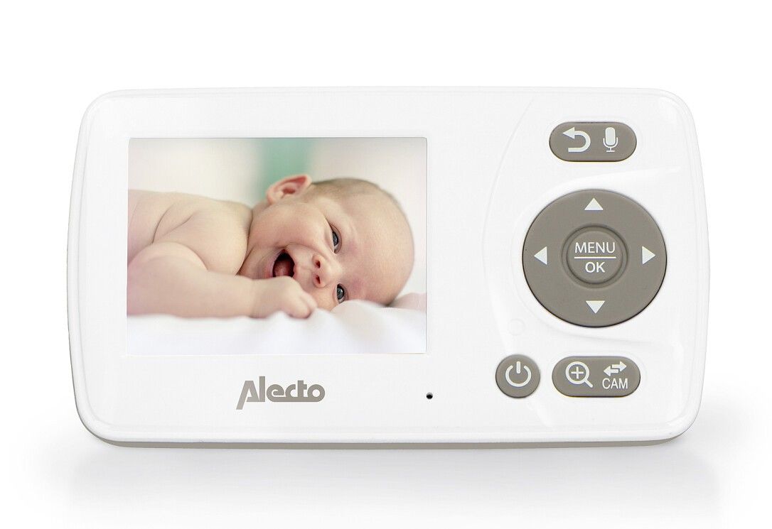 Babyphone-Kameraeinheit. Rückseite mit Linsen und Bedienelementen. Weiß mit Alecto-Logo.