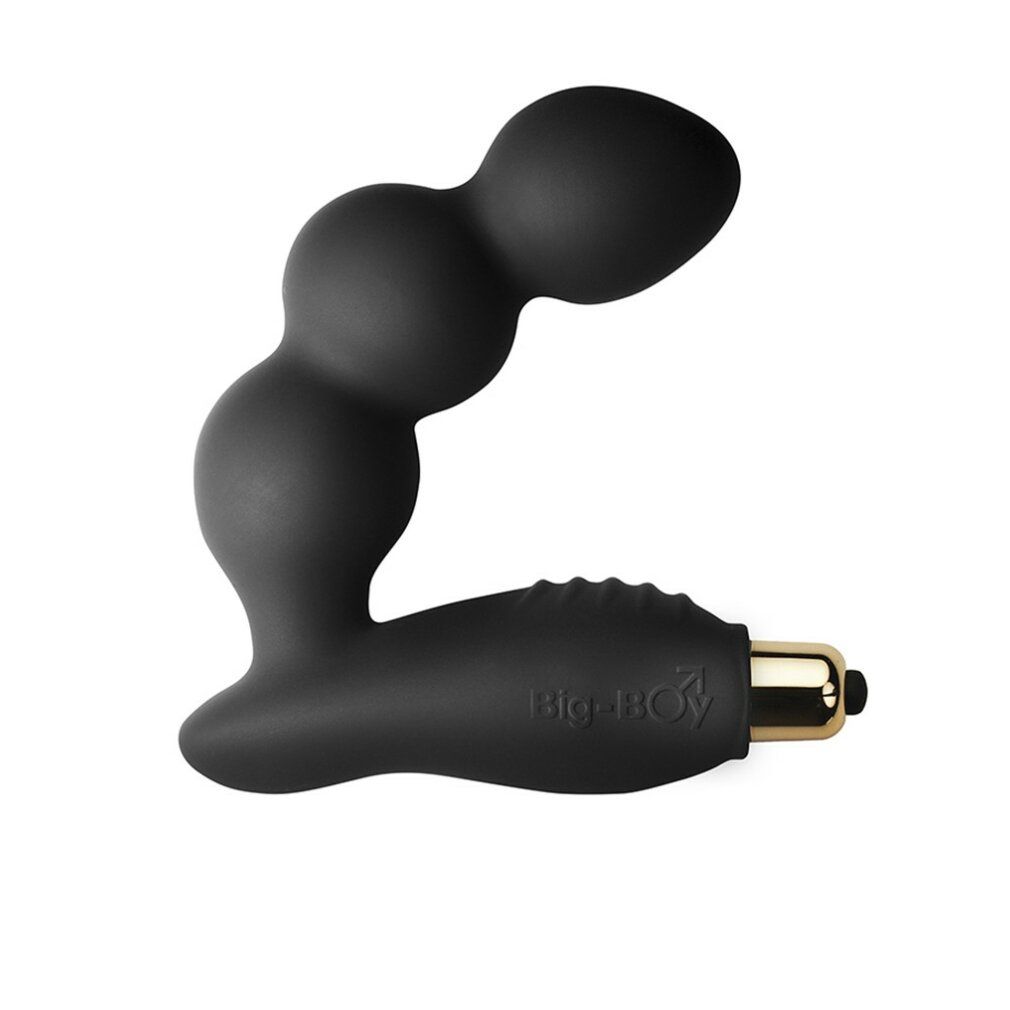 Schwarzer Vibrator mit drei Kugeln und gebogener Form. Goldfarbener Metallanschluss. Aufschrift "Big-BOY".