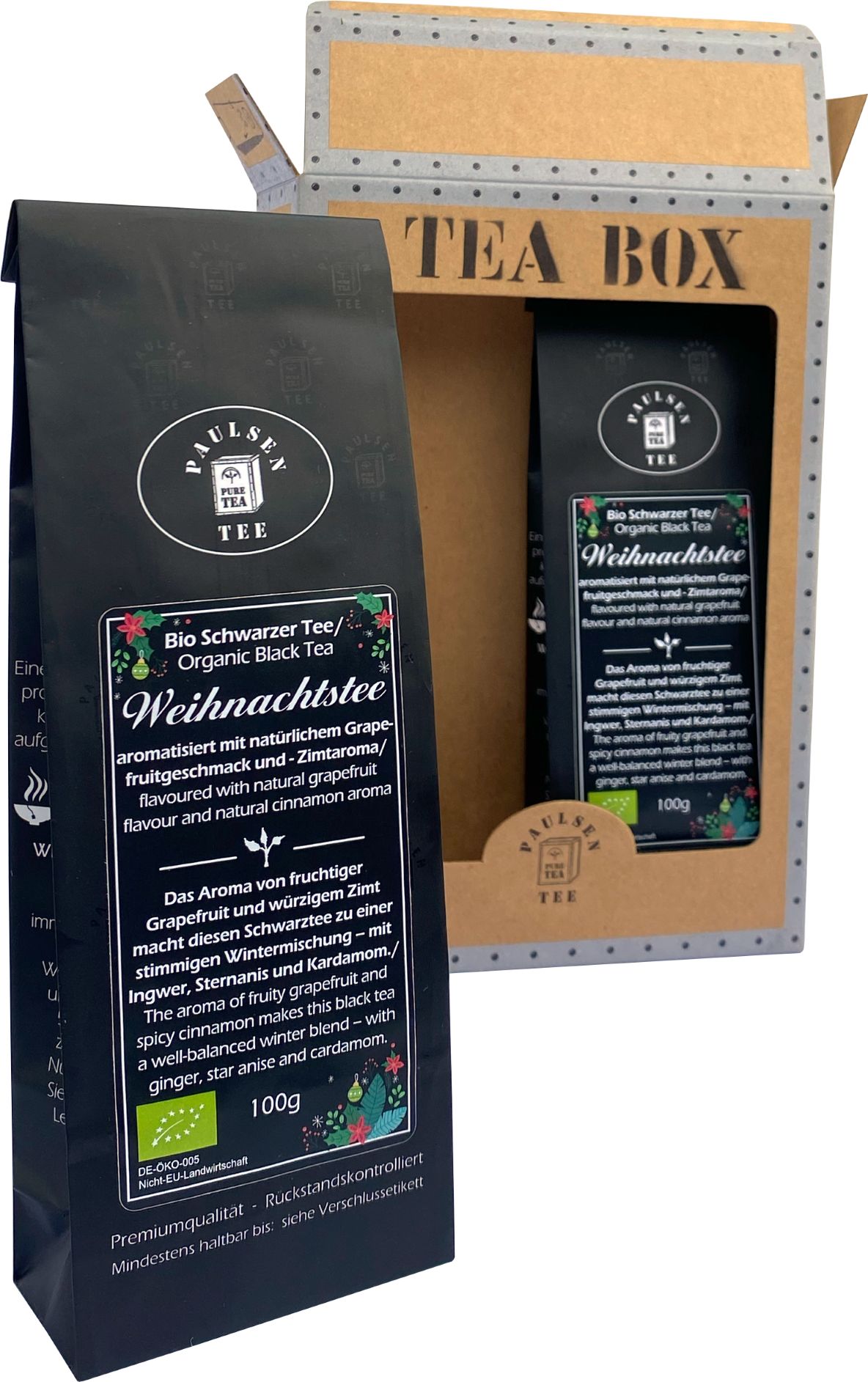 Schwarzer Teebeutel Paulsen Bio Weihnachtstee in Geschenkbox. Text, Logo und Bio-Siegel. Box geöffnet.