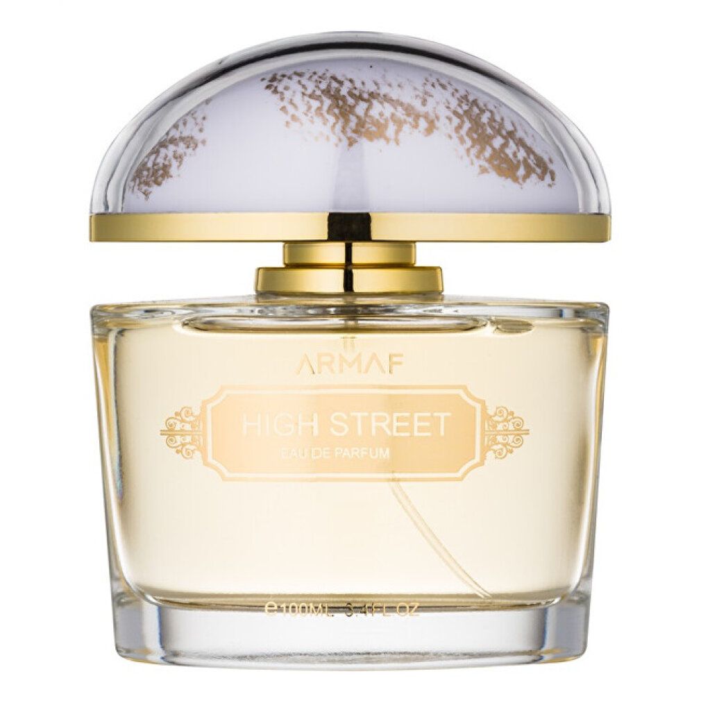 Parfümflakon mit goldfarbenem Deckel und Aufschrift "ARMAF HIGH STREET EAU DE PARFUM". Klarer Glasflakon.
