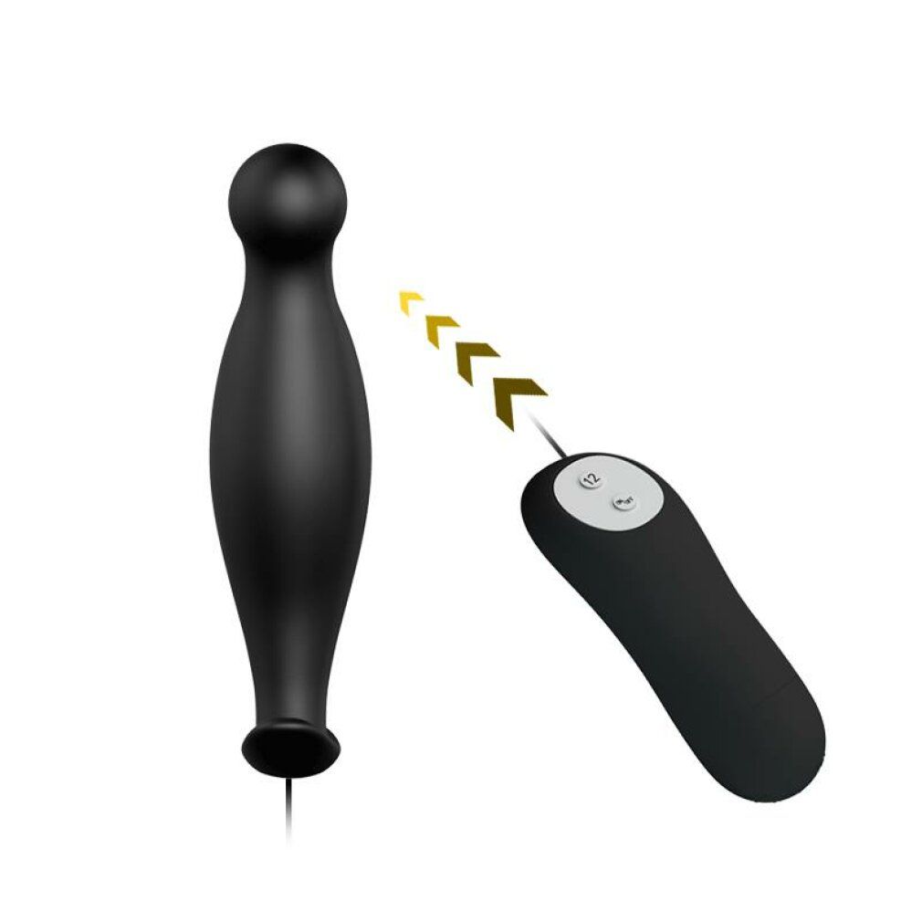 Schwarzer Analplug mit Fernbedienung. Der Plug hat eine runde Spitze und eine Basis.