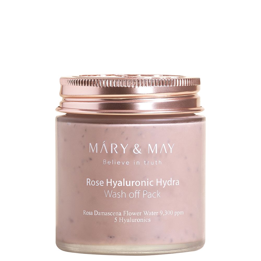 Mary & May Rose Hyaluronic Hydra Wash-off Pack in einem Glasbehälter mit roséfarbenem Deckel.