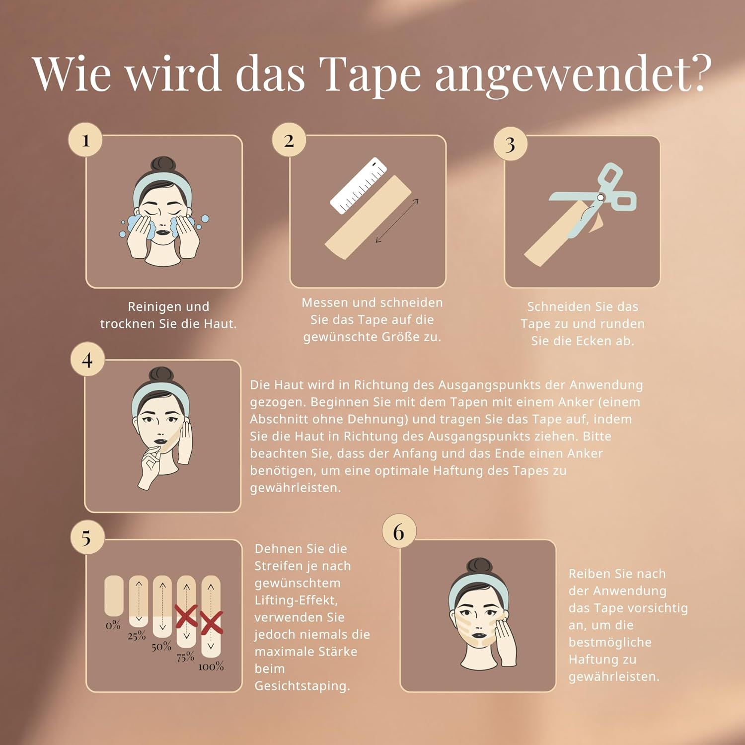 Anleitung zur Anwendung von Tape. Schritte: Reinigen, Messen, Schneiden, Anbringen, Dehnen, Reiben.