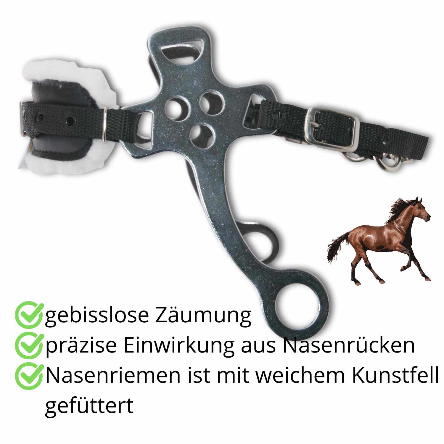 Hackamore AMKA aus Nylon mit Kunstfellunterlage. Metallgestell, schwarze Riemen, weißes Kunstfell. Stufenlos verstellbar.