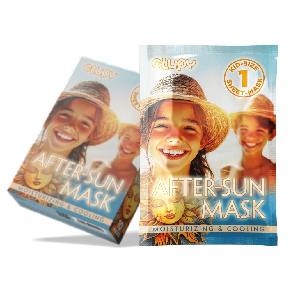 Clupy After-Sun Maske für Kinder, Einzelpackung und Schachtel. Schachtel mit 10 Masken. Sonnenmotiv, Text: After-Sun Mask, Kid-Size, 1 Sheet-Mask.