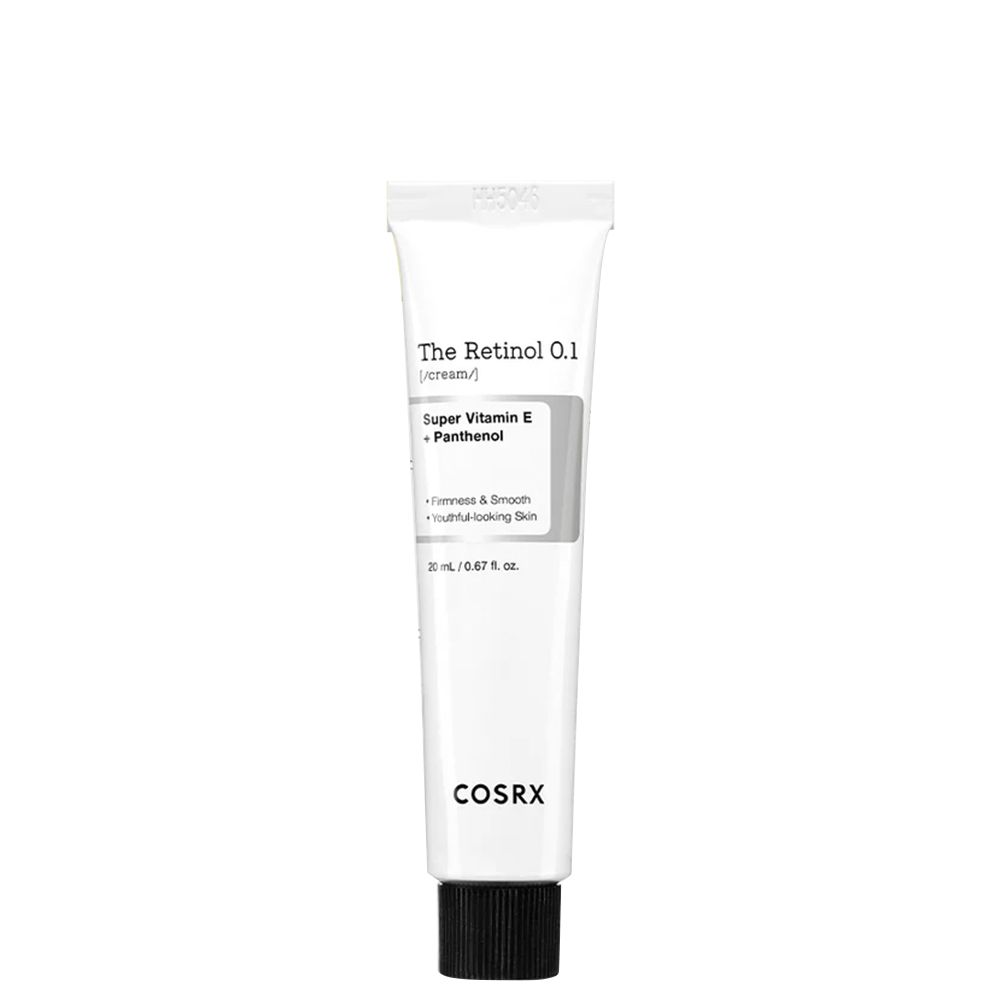 Weiße Tube mit schwarzem Deckel, beschriftet mit 'The Retinol 0.1 Cream' und 'COSRX'.