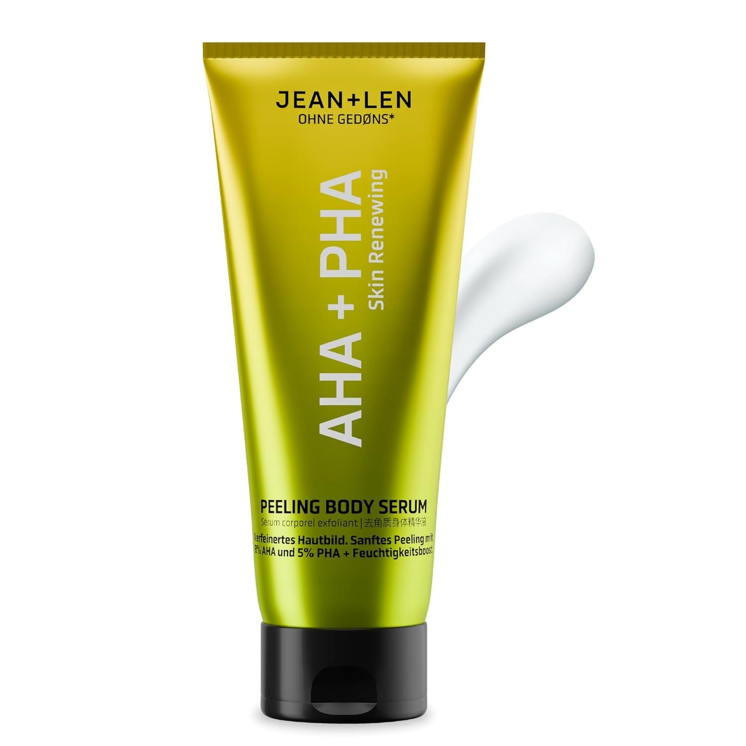 Grüne Tube mit schwarzem Deckel. Text: AHA + PHA, Skin Renewing, Peeling Body Serum. Creme wird aus der Tube gedrückt.