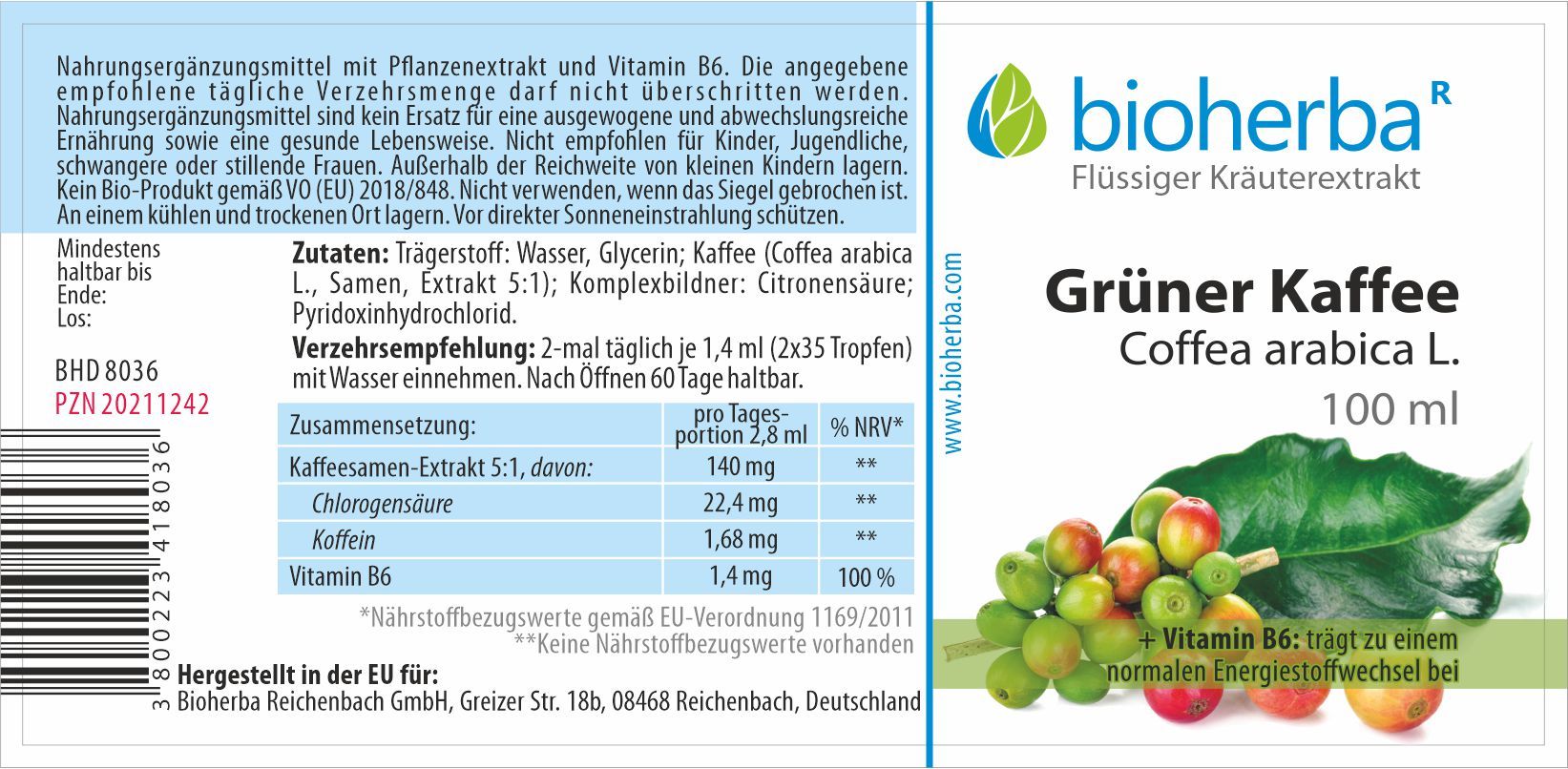 Etikett mit Produktinformationen. Bioherba Grüner Kaffee Coffea arabica L. Tropfen Tinktur. Inhaltsstoffe, Dosierung, Nährwertangaben.