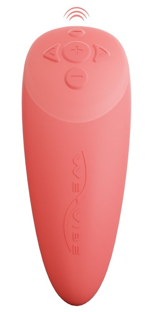 Korallenfarbene Fernbedienung mit Tasten und Funkwellen-Symbol. Marke We-Vibe.