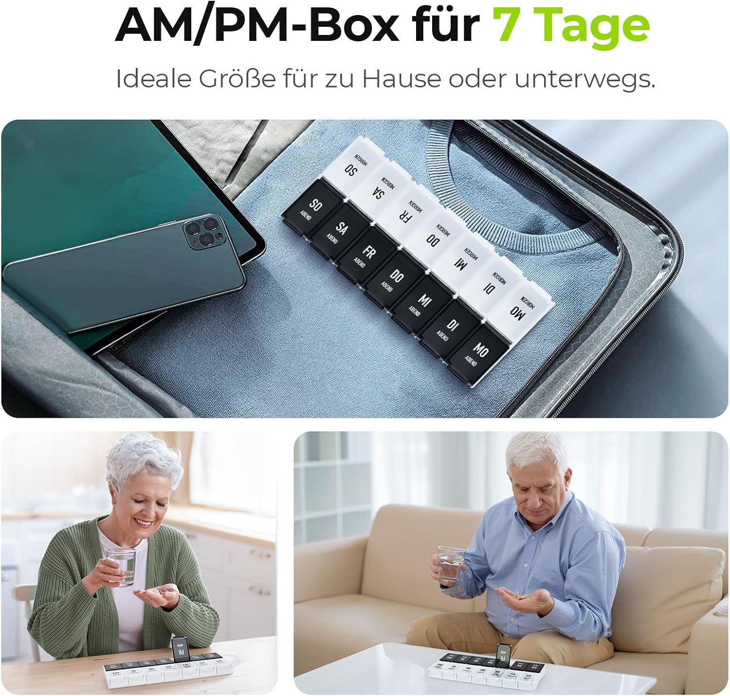 7-Tage Pillendose mit Fächern für Morgen und Abend.