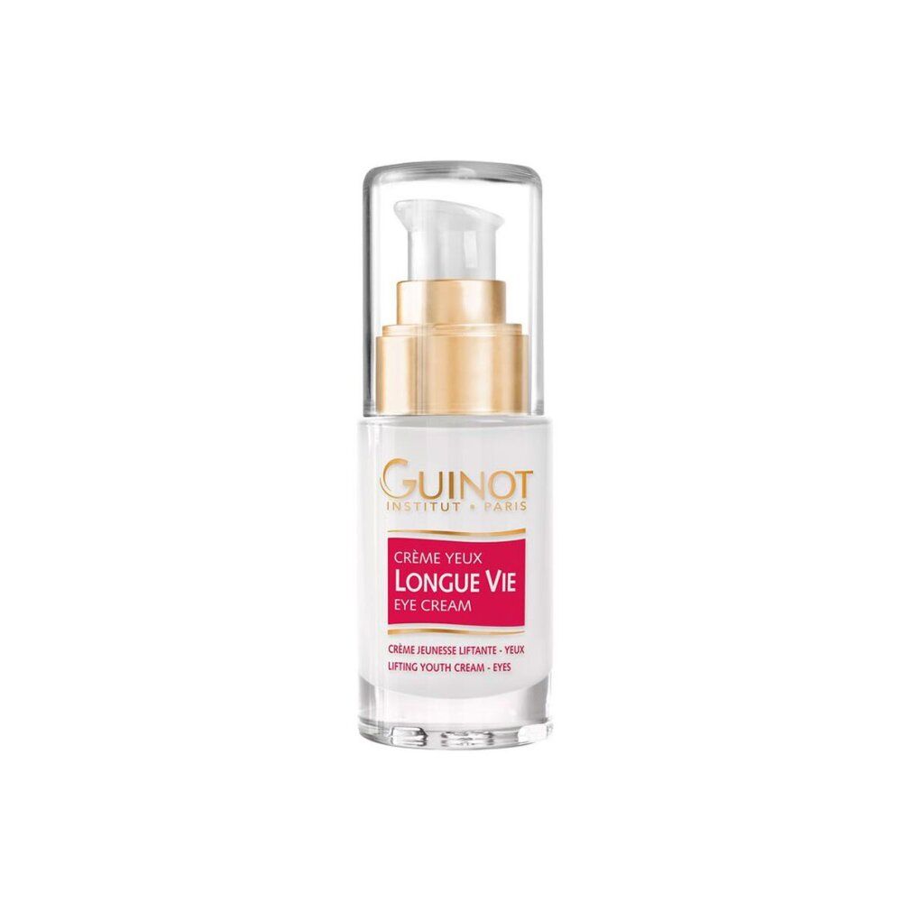 Weißer Tiegel mit goldfarbenem Pumpkopf und transparentem Deckel. Roter Aufkleber mit Text: LONGUE VIE EYE CREAM. Marke: Guinot.