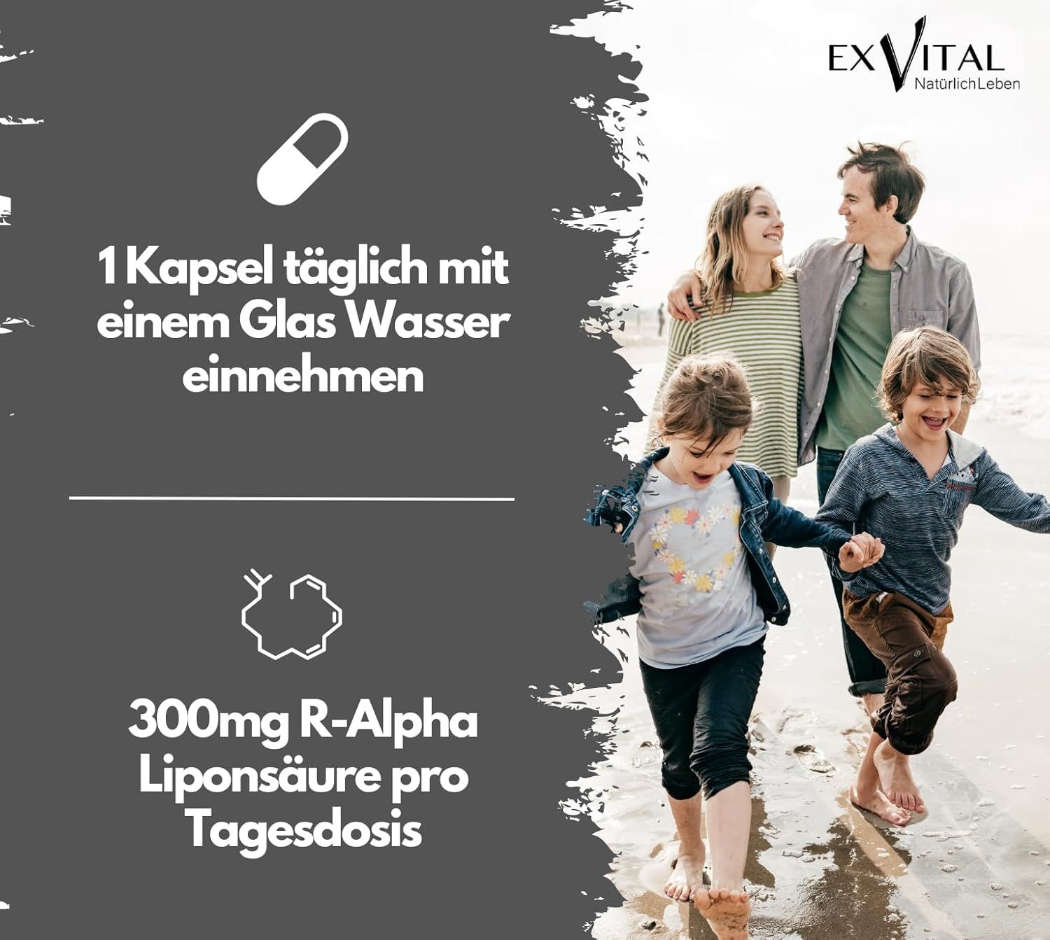 Grafik mit Familie am Strand. Text: 1 Kapsel täglich mit Wasser einnehmen. 300mg R-Alpha-Liponsäure pro Tagesdosis.