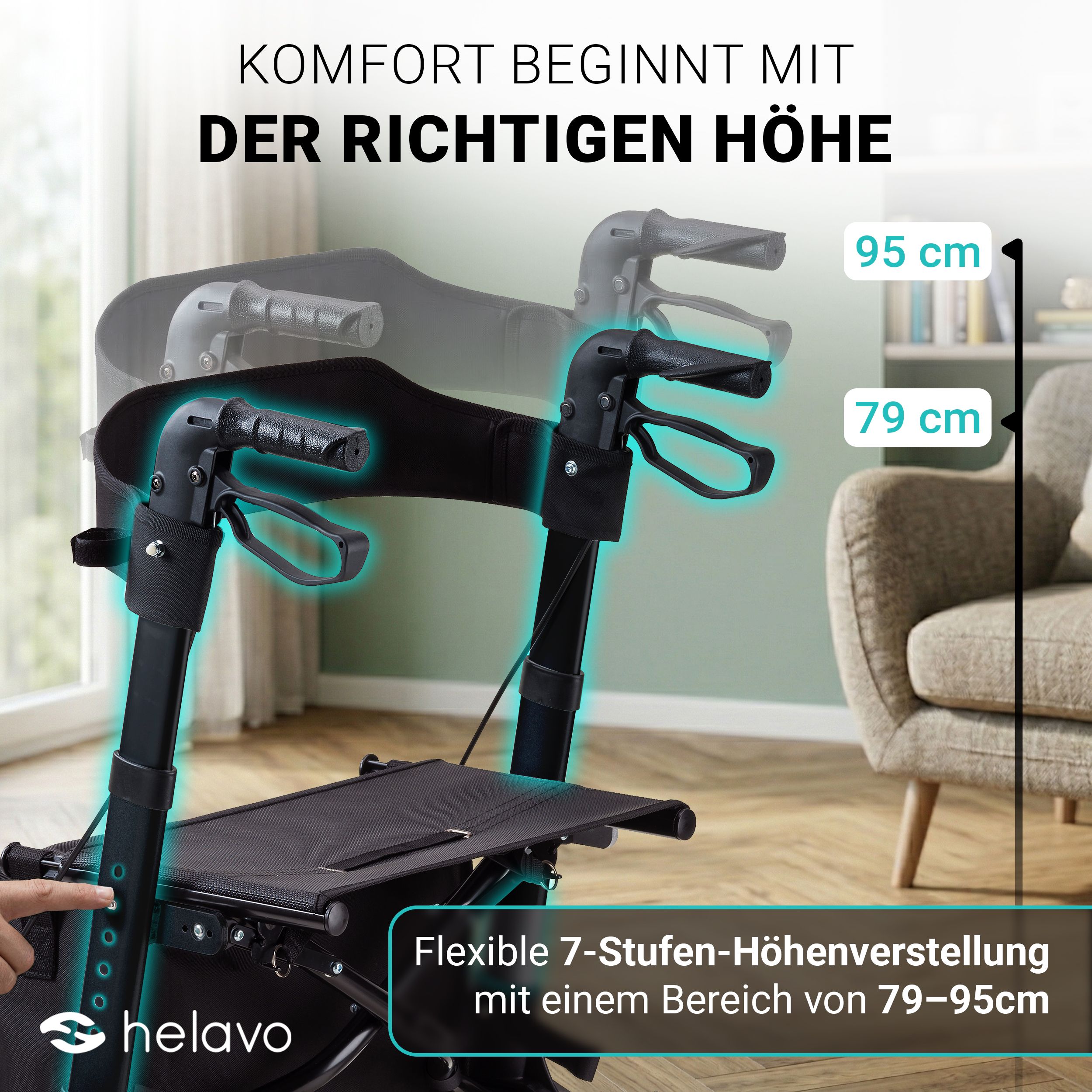 Höhenverstellung eines Helavo Rollators von 79 cm bis 95 cm in 7 Stufen.