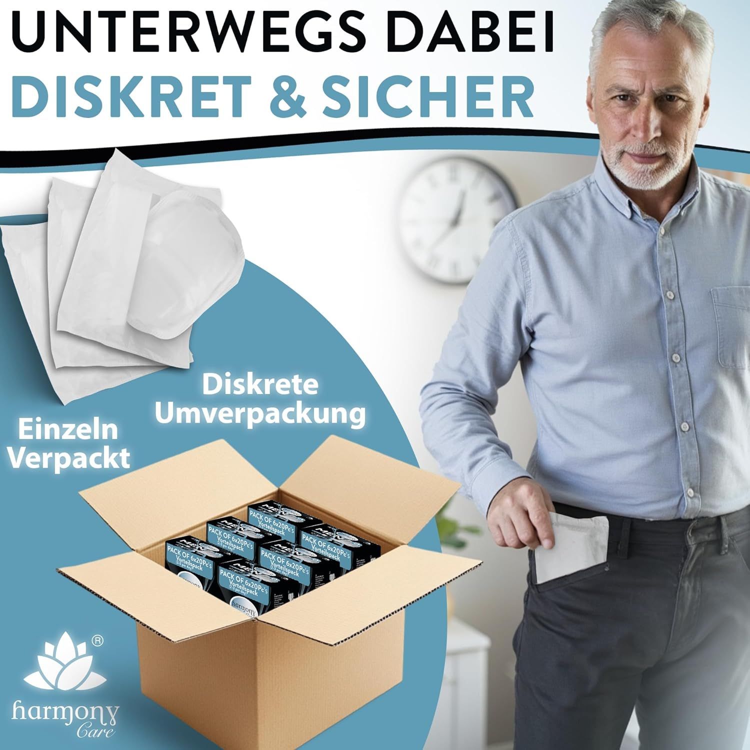 Mann mit Box. Einzeln verpackte Inkontinenzeinlagen. Aufdruck: DISKRETE UMV. Marke: Harmony Care. Karton mit Packungen.