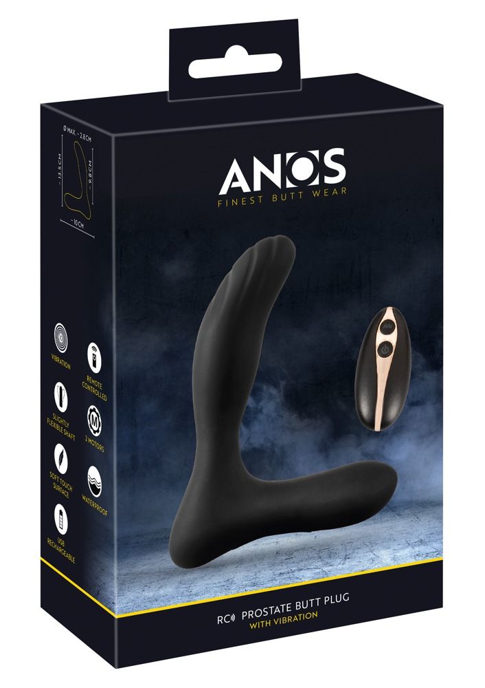 Schwarzer ANOS RC Prostate Butt Plug mit gekrümmter Form, Rückansicht.
