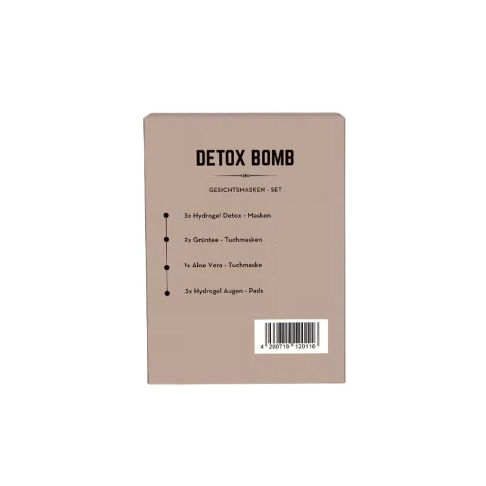 Rückseite der Verpackung. Text: "Detox Bomb", "Gesichtsmasken-Set". Auflistung der enthaltenen Produkte. Barcode.