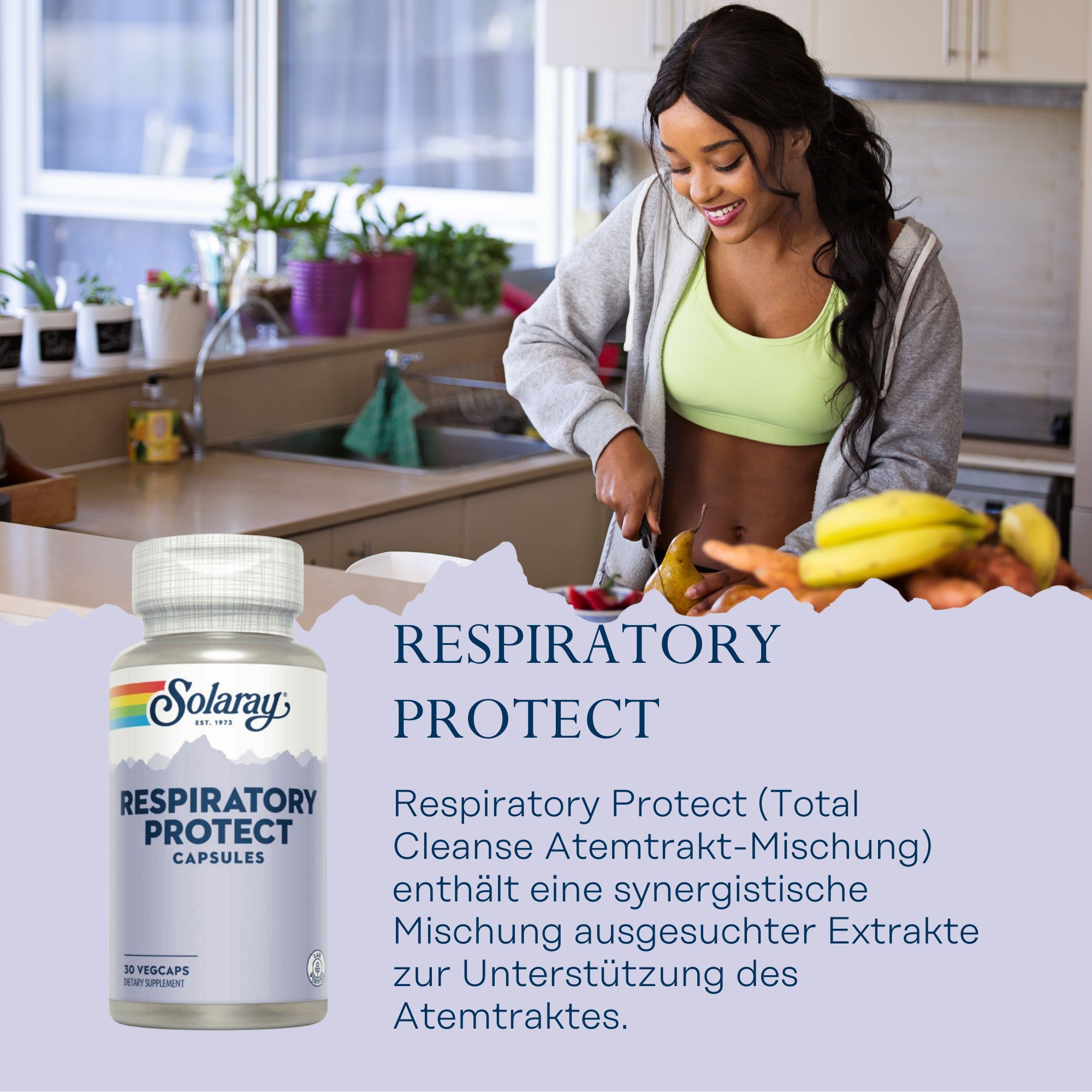Solaray Respiratory Protect Kapseln. Flasche mit 30 Kapseln. Frau in Küche, Text: Respiratory Protect, Total Cleanse Atemtrakt-Mischung.