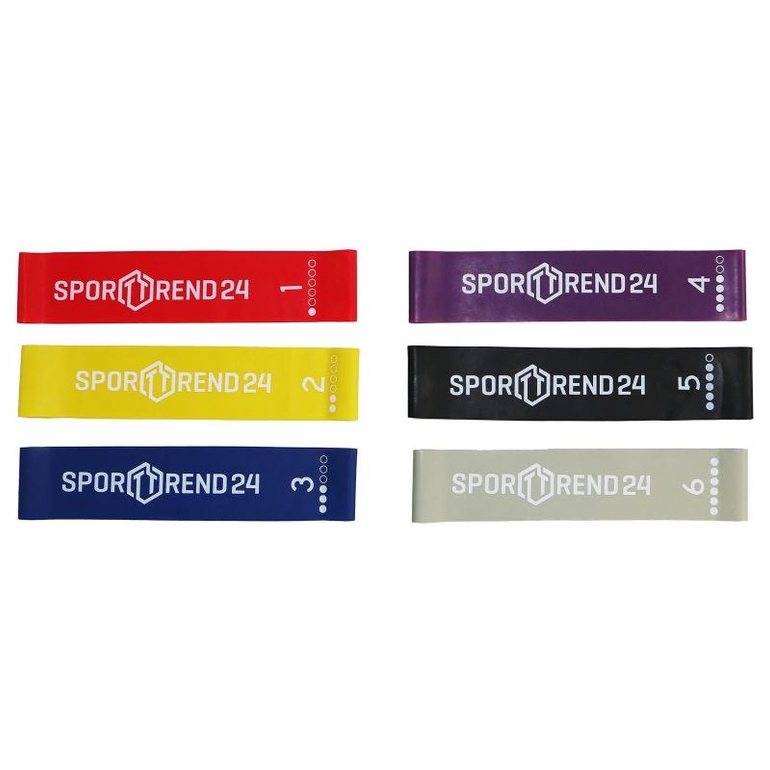 Sechs farbige Mini-Bänder mit Sporttrend24-Schriftzug und Zahlen 1-6. Fitness-Bänder in Rot, Gelb, Blau, Lila, Schwarz, Grau.