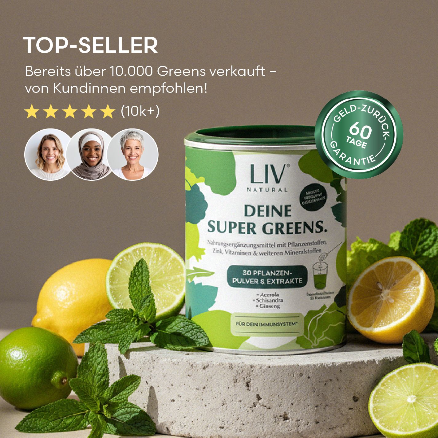 Grüne Dose LIV NATURAL Super Greens. Mit Zitronen, Limetten und Minze. Aufschrift: Top-Seller. Geld-zurück-Garantie.