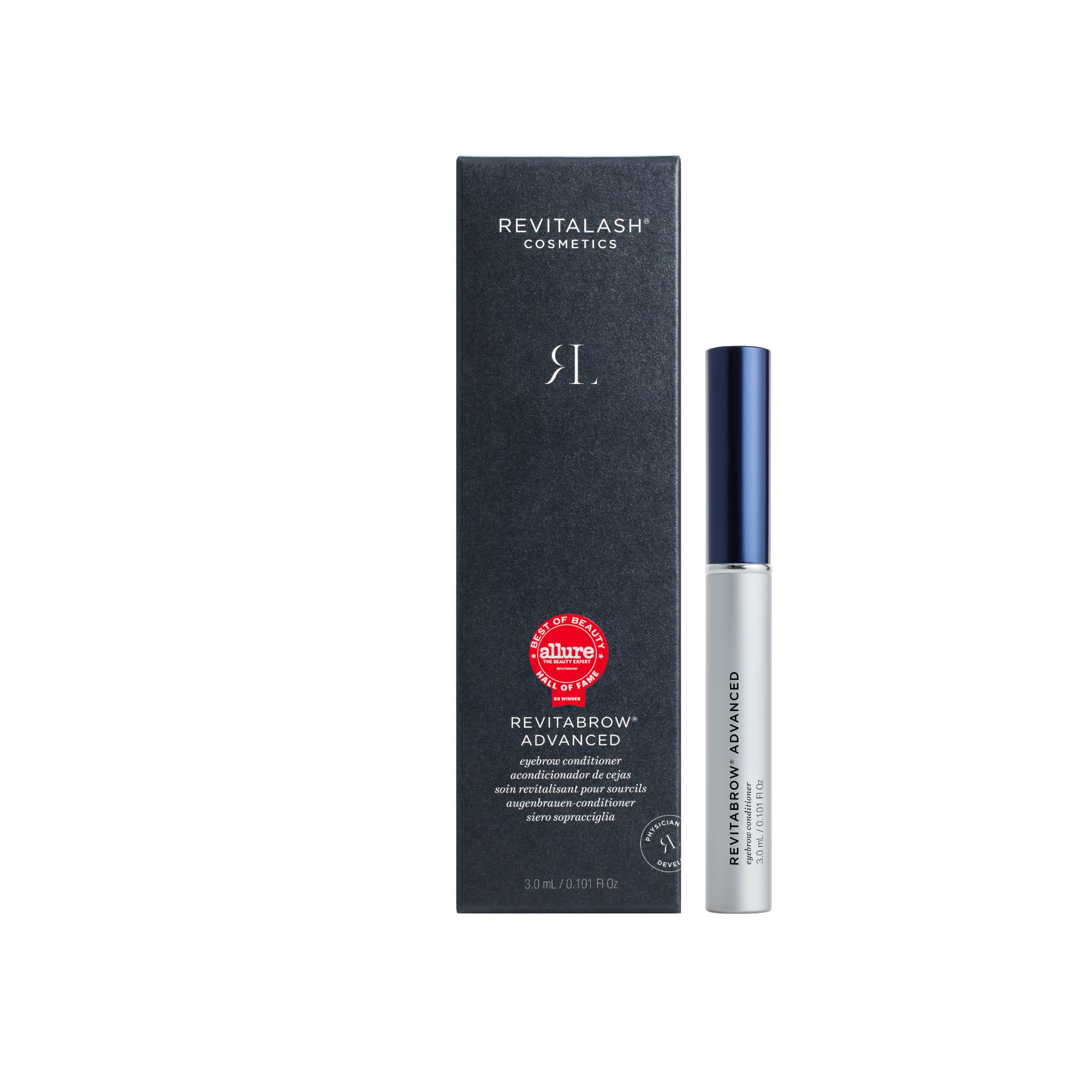 Produktverpackung und Tube. Schwarze Verpackung mit Produktnamen und Logo. Tube mit blauem Deckel und silbernem Körper.