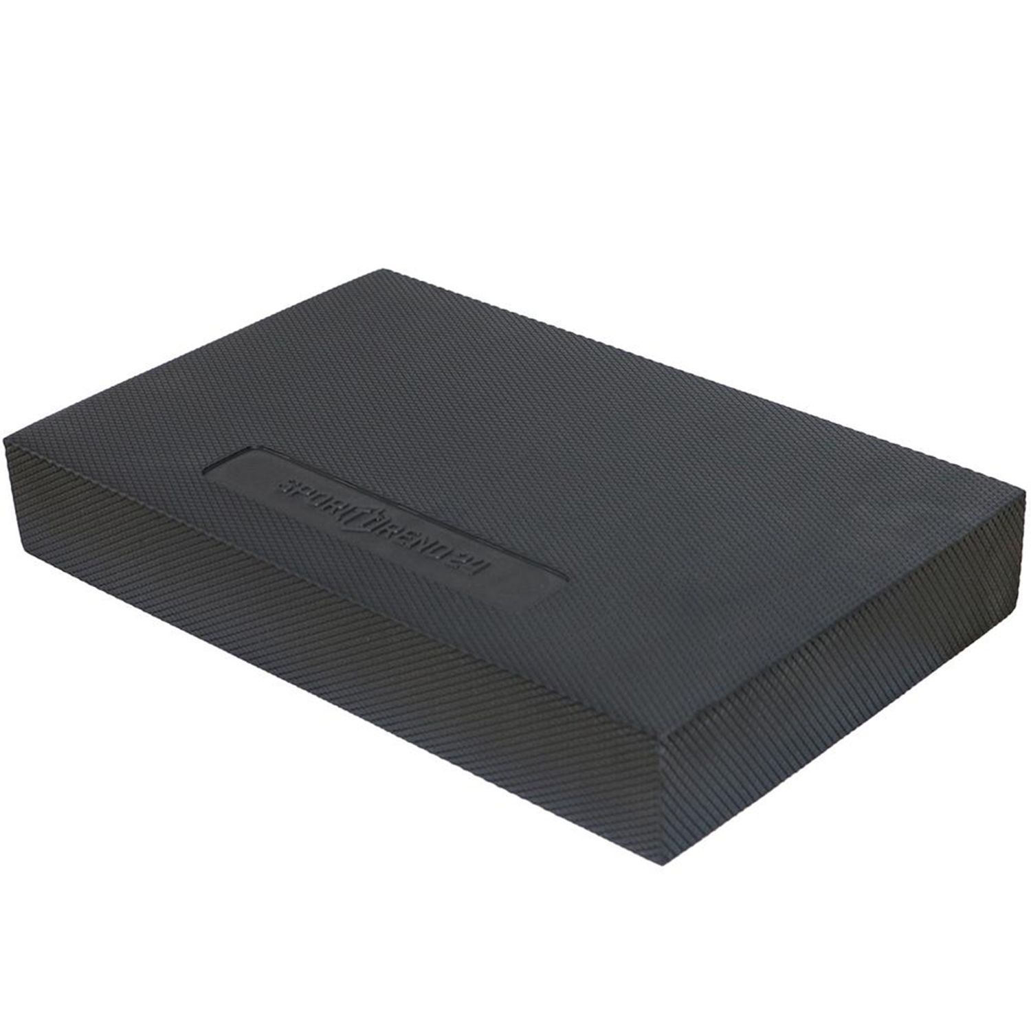 Schwarzes Balance Pad mit geprägtem Schriftzug Sporttrend24. Rechteckige Form mit strukturierter Oberfläche.
