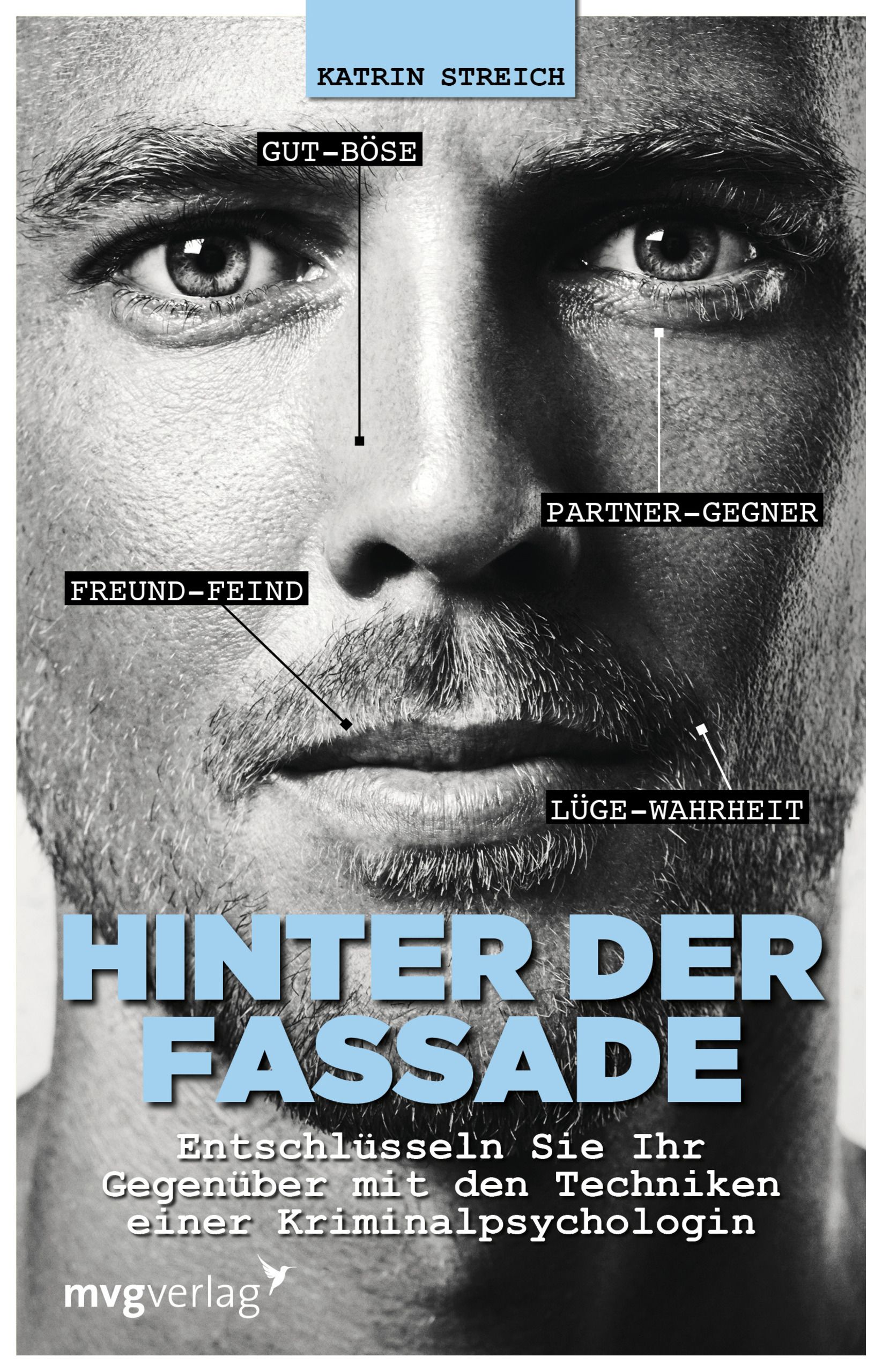 Buchcover mit Porträt eines Mannes. Titel: Hinter der Fassade. Autorin: Katrin Streich. Verlag: mvgverlag. Text über Gesichtsanalyse.