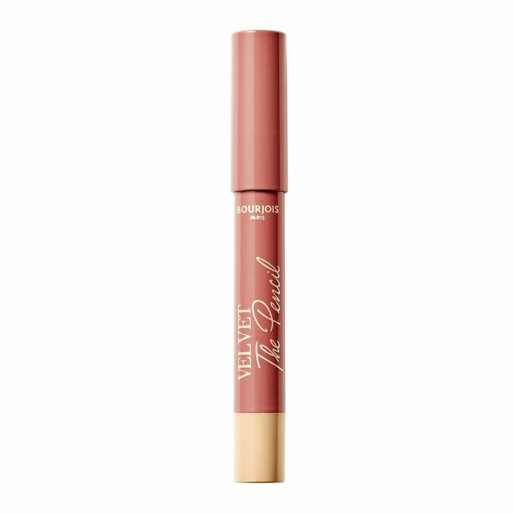 Lippenstiftstift mit rosafarbenem Gehäuse und Deckel. Aufschrift: VELVET The Pencil. Unterteil goldfarben.
