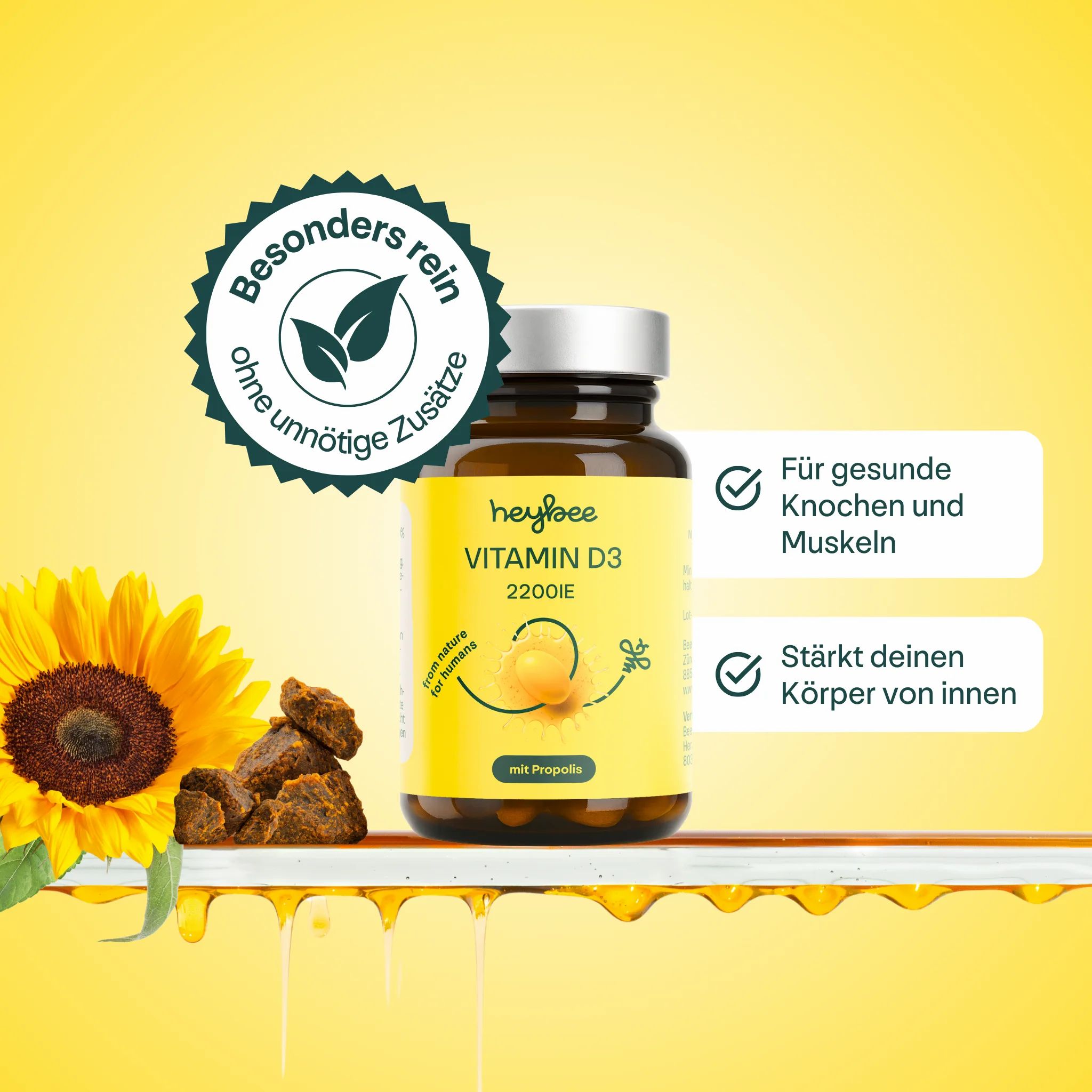 Flasche heybee Vitamin D3 2200 I.E. + Propolis. Siegel: Besonders rein ohne unnötige Zusätze. Für gesunde Knochen und Muskeln.