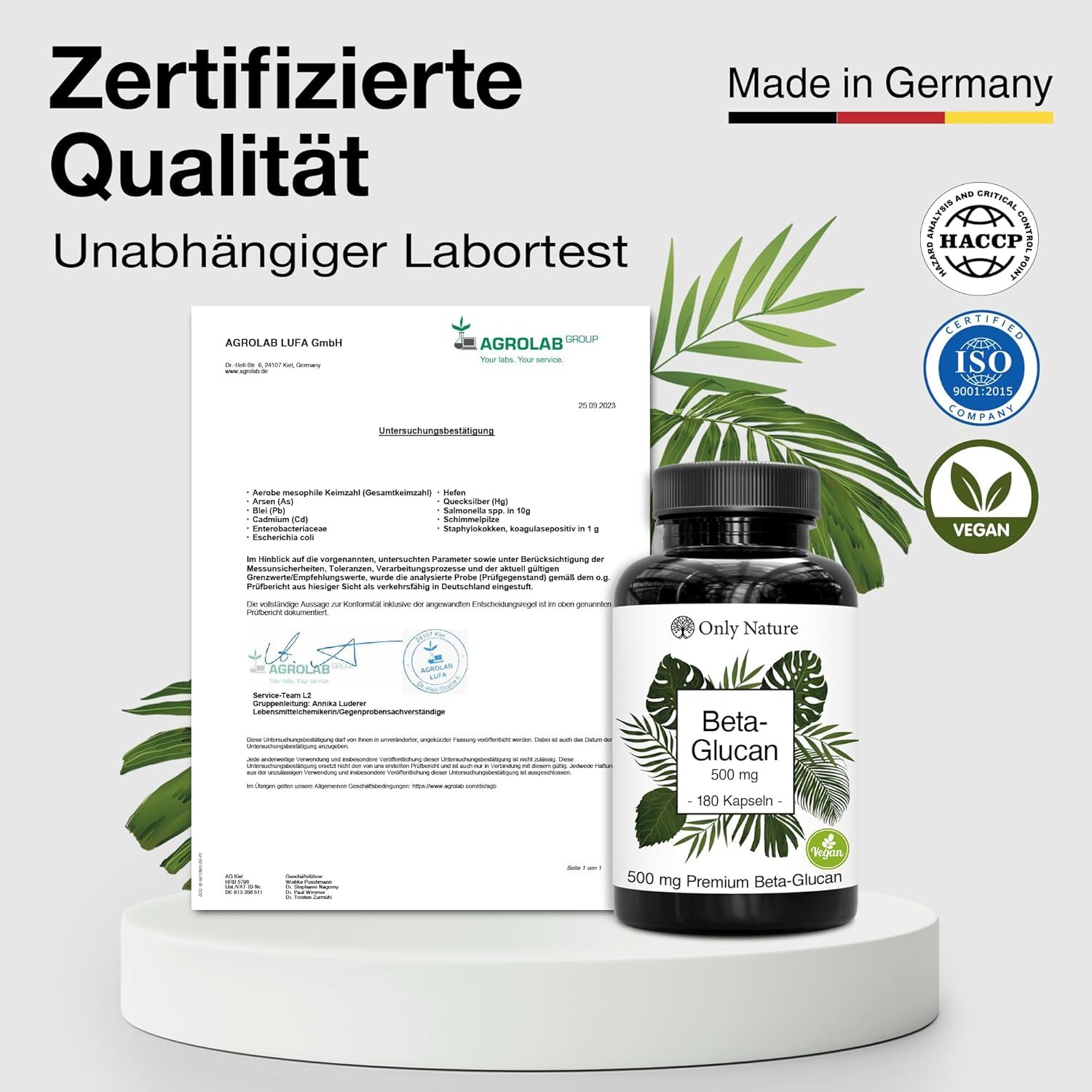 Zertifizierte Qualität. Zertifikat und braune Flasche mit schwarzem Deckel. Etikett mit 'Only Nature', 'Beta-Glucan', 500 mg, 180 Kapseln.