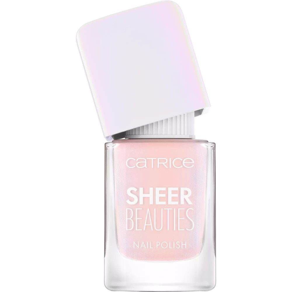 Nagellackflasche mit rosa Inhalt, Deckel leicht geöffnet. Aufschrift: Catrice Sheer Beauties Nail Polish.