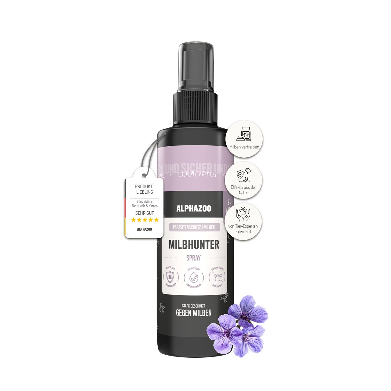 Schwarze Sprühflasche mit Etikett. Aufschrift: ALPHAZOO MilbHunter Spray. Gegen Milben. Mit Anhänger und Illustrationen.