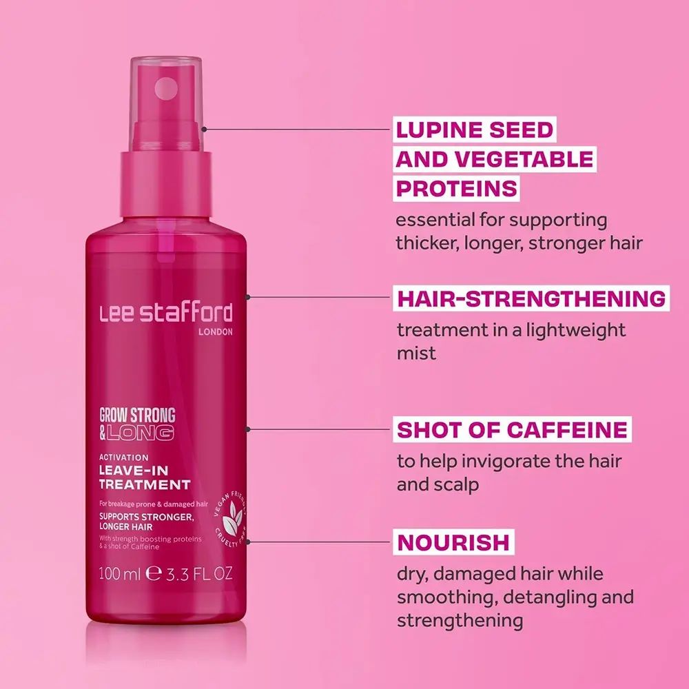 Rosa Sprühflasche mit Text. Beschriftung: Grow Strong & Long Leave-In Treatment. Marke: Lee Stafford. Zusätzliche Textfelder.