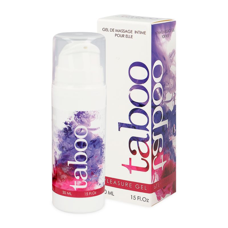 Weiße Flasche und Verpackung. Aufschrift "taboo Pleasure gel". Verpackung mit Farbklecksen.