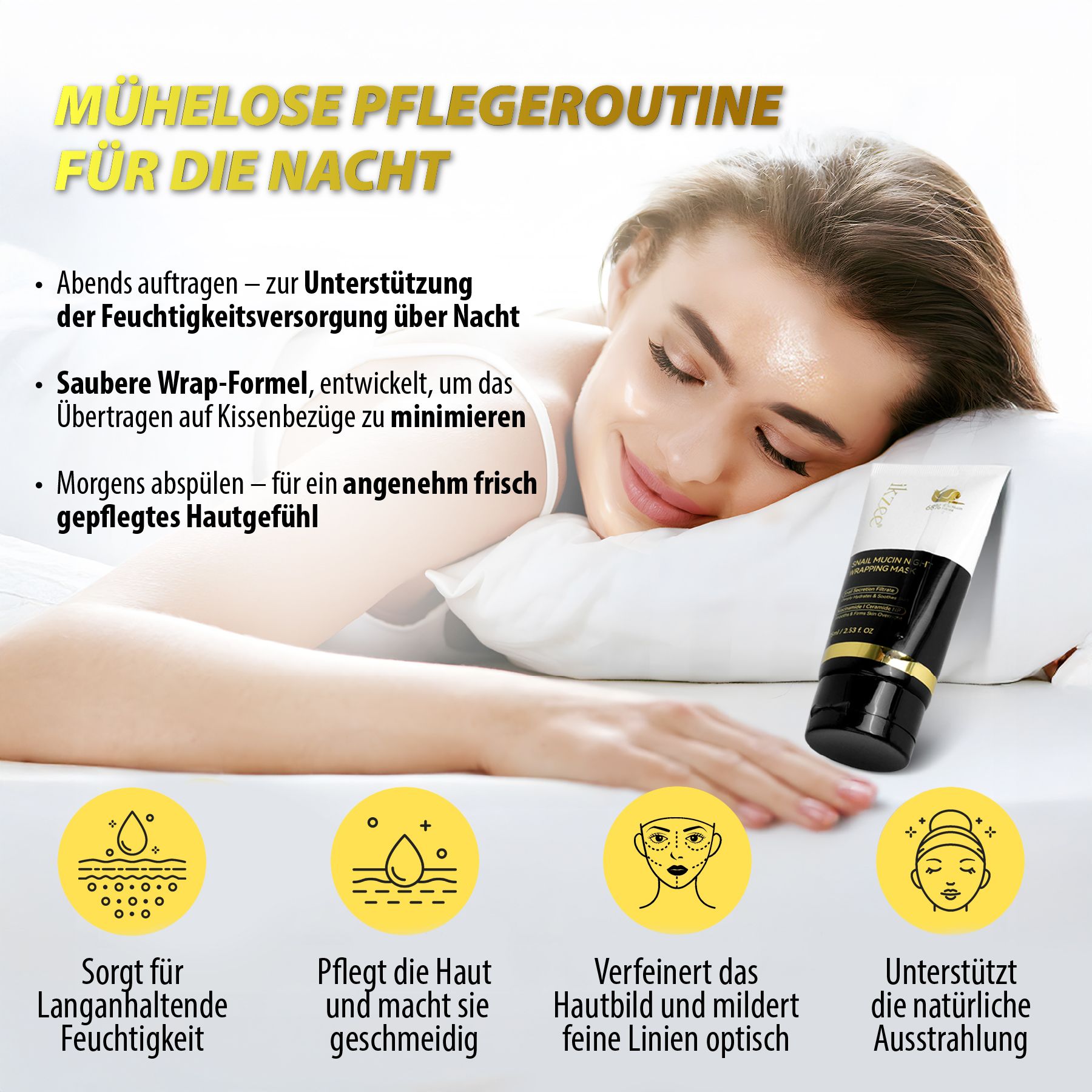 Frau liegt im Bett. Produkt-Tube neben ihr. Text über Feuchtigkeitspflege und Minimierung von Falten. Hautbild.