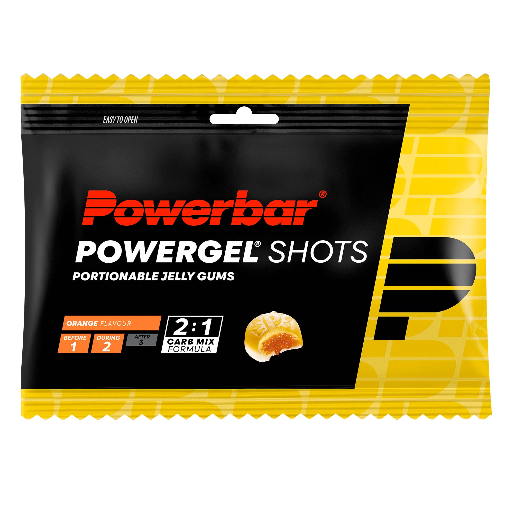 Gelbe Powerbar Powergel Shots-Verpackung. Schwarzer Hintergrund mit Produktnamen und Geschmacksangabe Orange. Gelee-Gummis sind abgebildet.