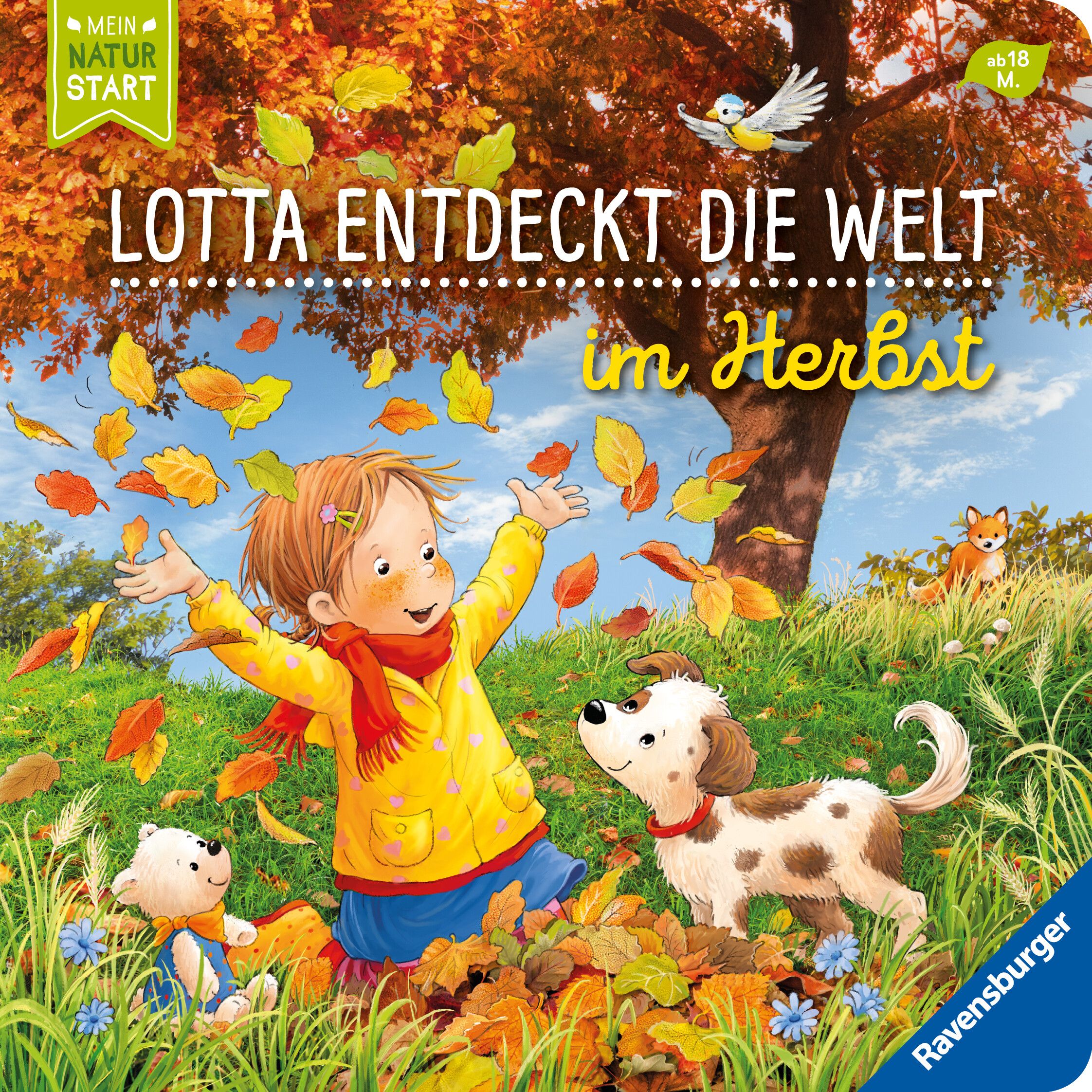 Buchcover: Lotta entdeckt die Welt: Im Herbst. Kind wirft Blätter in die Luft, Hund, Fuchs, Teddybär. Herbstliche Szene.