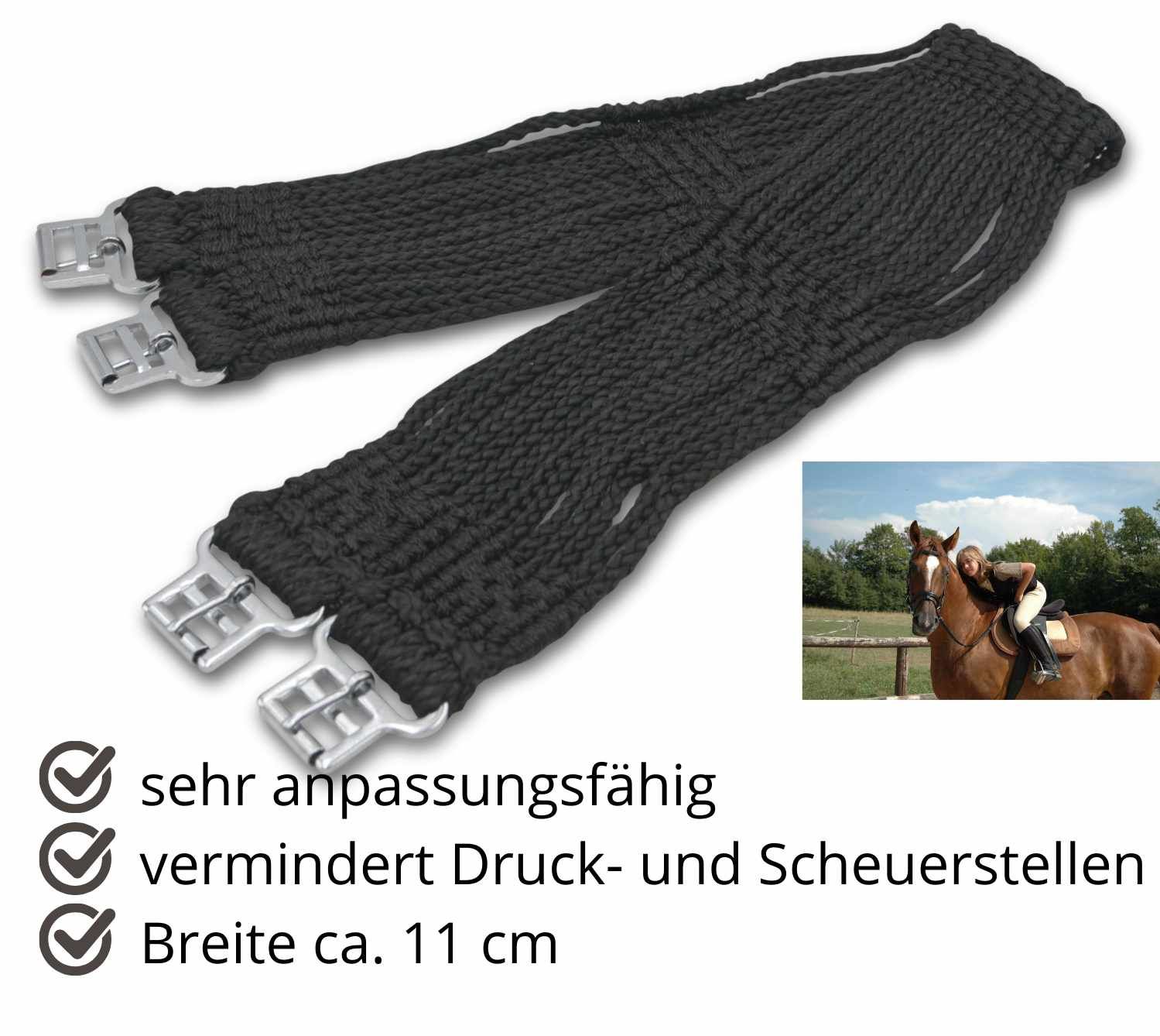 Schwarzer Sattelgurt aus Nylon mit Metallschnallen. Text: sehr anpassungsfähig, vermindert Druck- und Scheuerstellen, Breite ca. 11 cm.